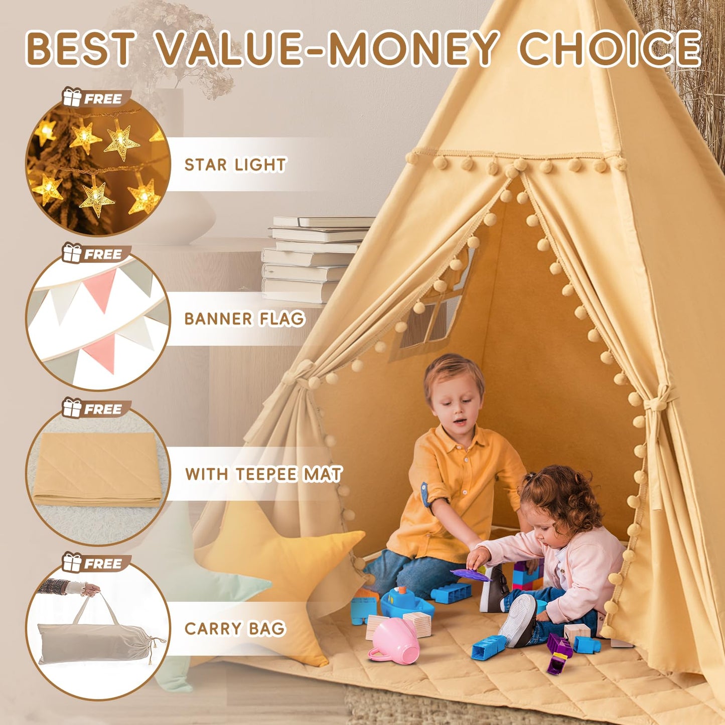 Wirhao Teepee Tent for Kids with Mat – Cotton Canvas Indoor Play Tent in Khaki