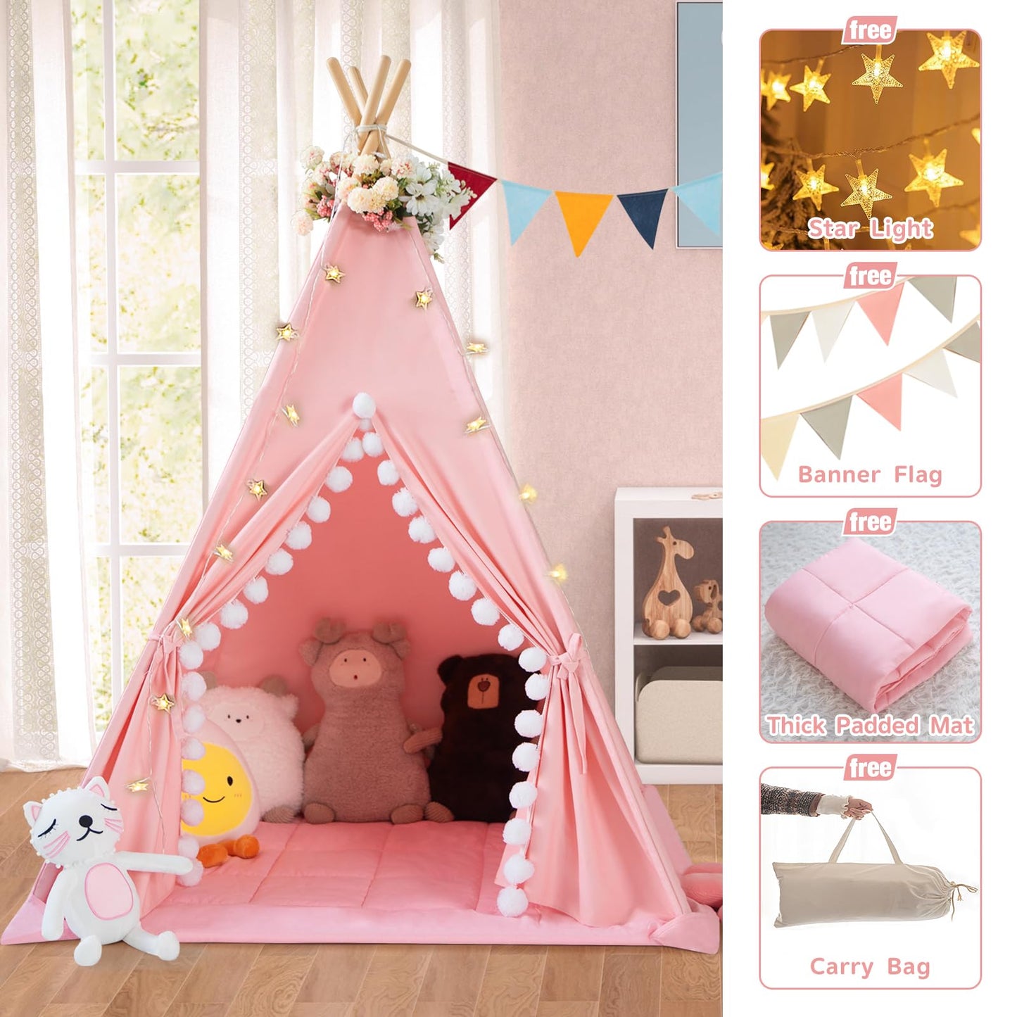 Wirhao Teepee Tent for Kids with Padded Mat – Cotton Canvas Indoor Play Tent (Pink)