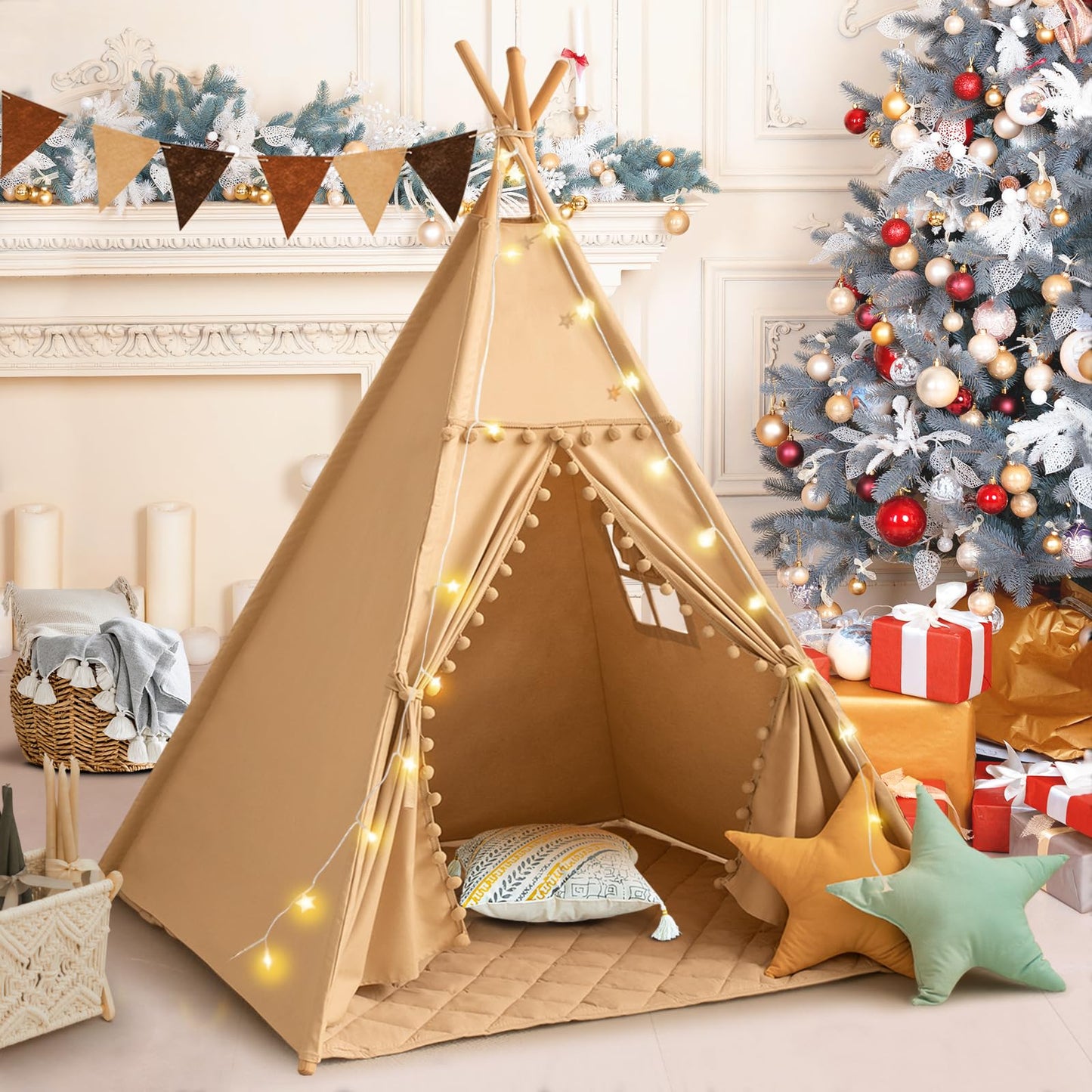 Wirhao Teepee Tent for Kids with Mat – Cotton Canvas Indoor Play Tent in Khaki