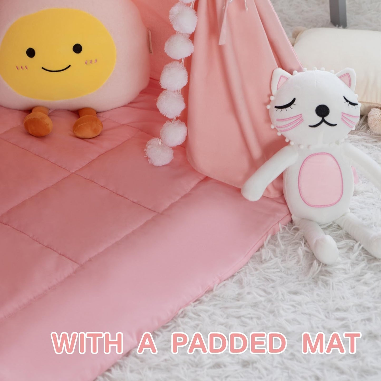 Wirhao Teepee Tent for Kids with Padded Mat – Cotton Canvas Indoor Play Tent (Pink)
