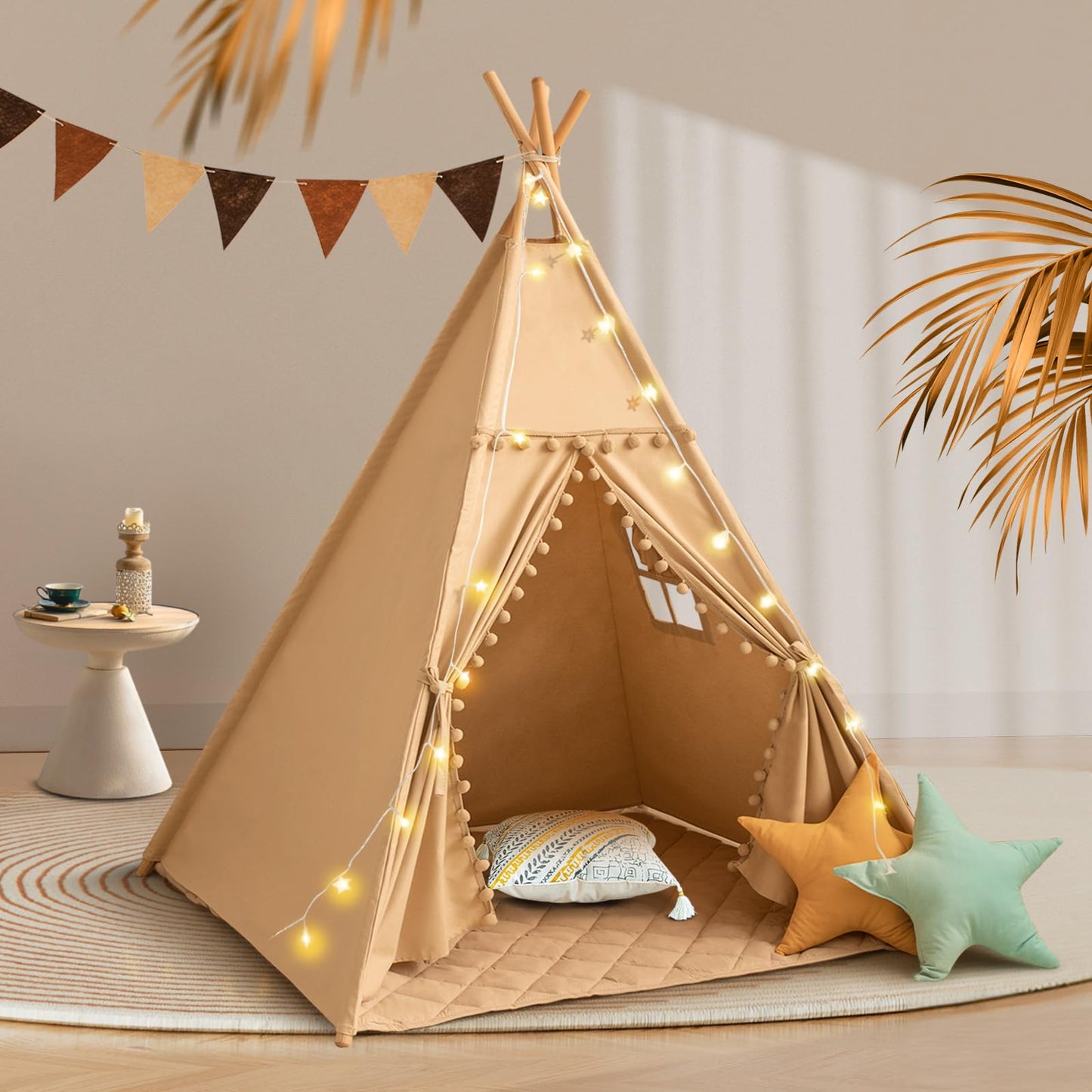 Wirhao Teepee Tent for Kids with Mat – Cotton Canvas Indoor Play Tent in Khaki