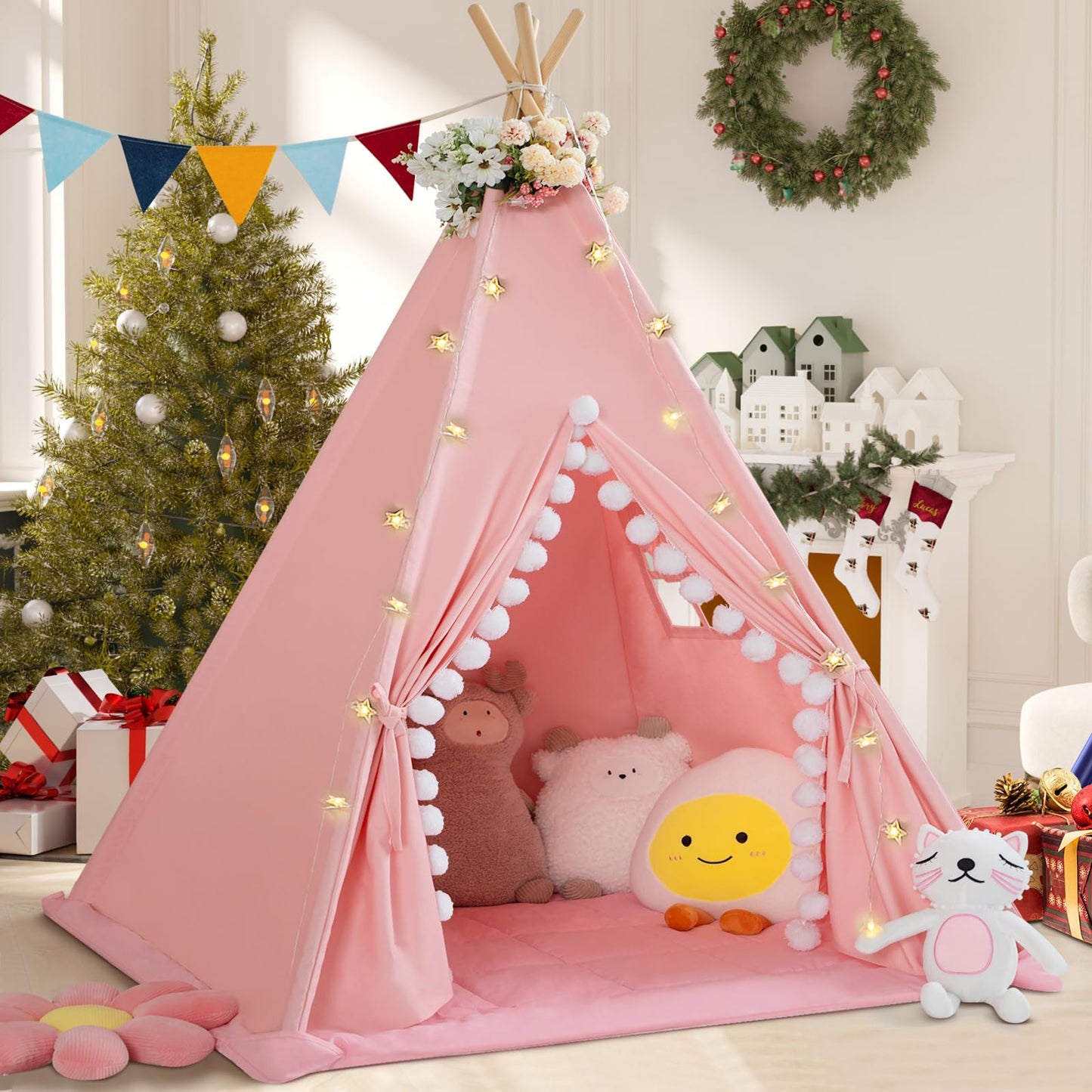 Wirhao Teepee Tent for Kids with Padded Mat – Cotton Canvas Indoor Play Tent (Pink)