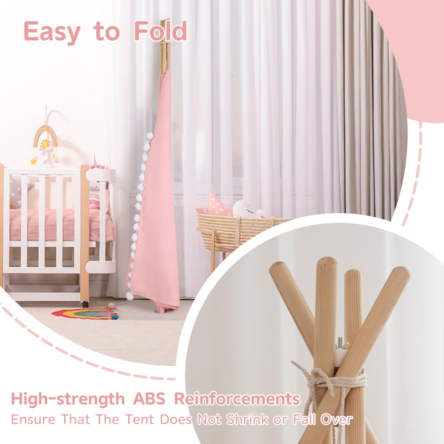 Wirhao Teepee Tent for Kids with Padded Mat – Cotton Canvas Indoor Play Tent (Pink)