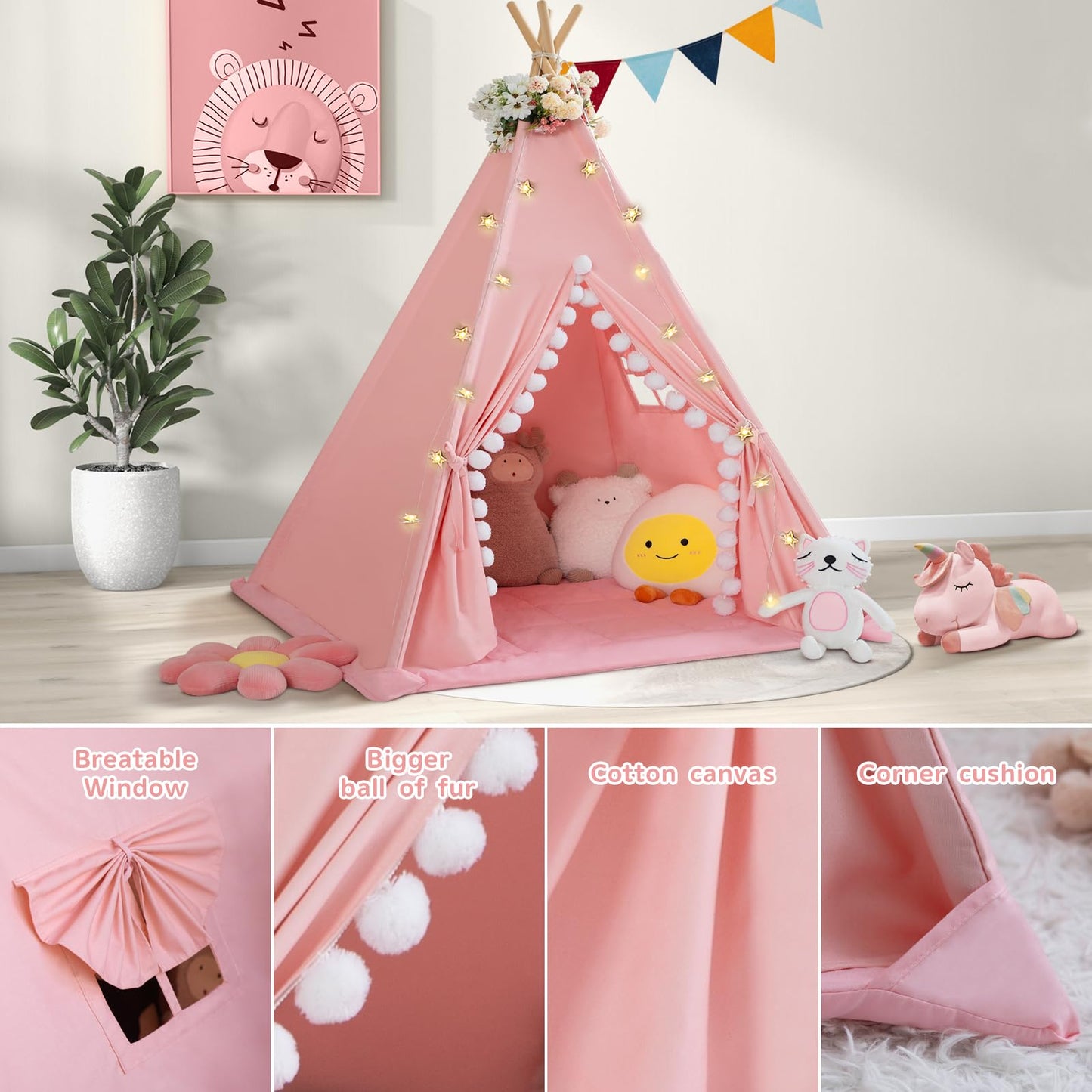Wirhao Teepee Tent for Kids with Padded Mat – Cotton Canvas Indoor Play Tent (Pink)