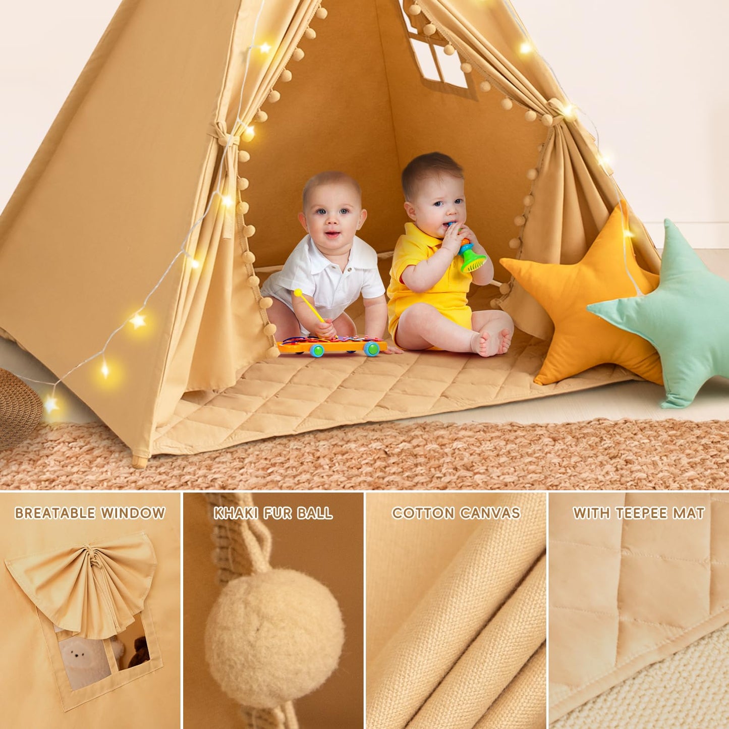 Wirhao Teepee Tent for Kids with Mat – Cotton Canvas Indoor Play Tent in Khaki