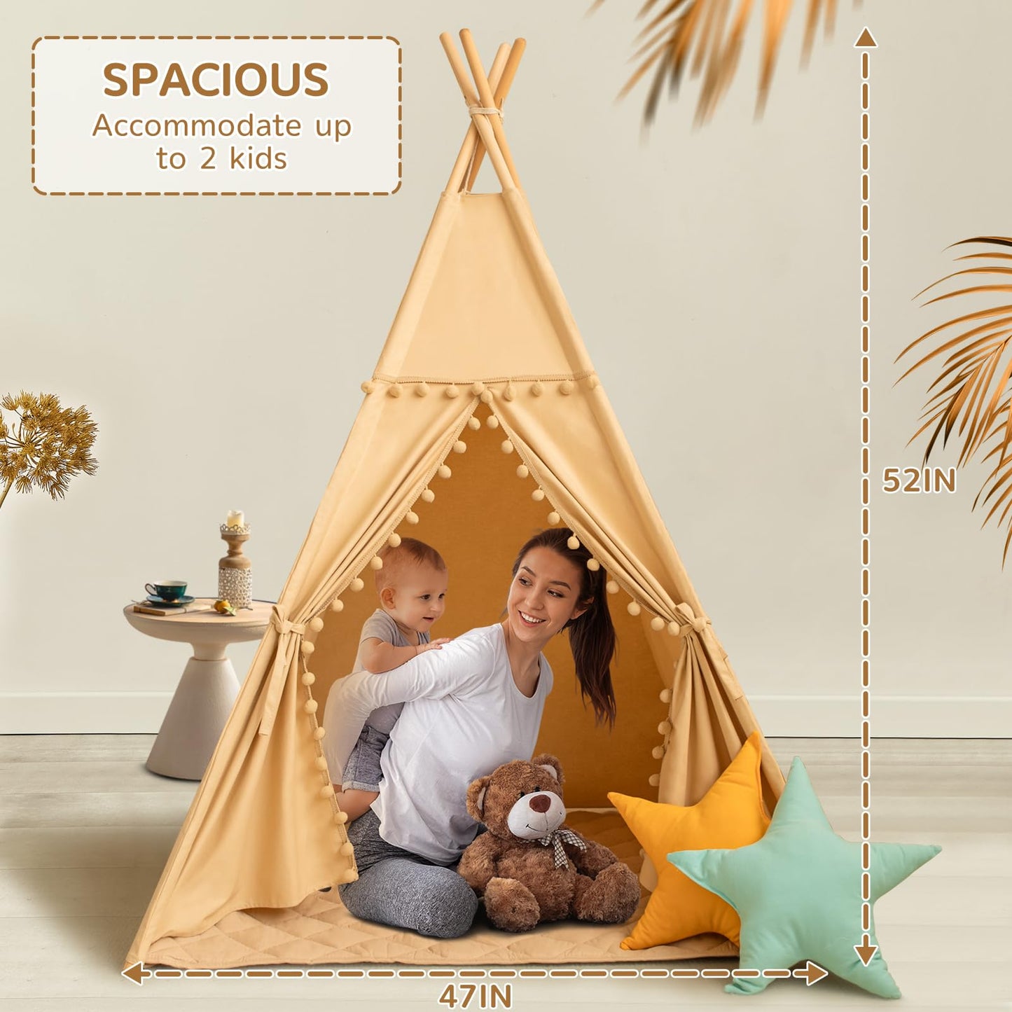 Wirhao Teepee Tent for Kids with Mat – Cotton Canvas Indoor Play Tent in Khaki