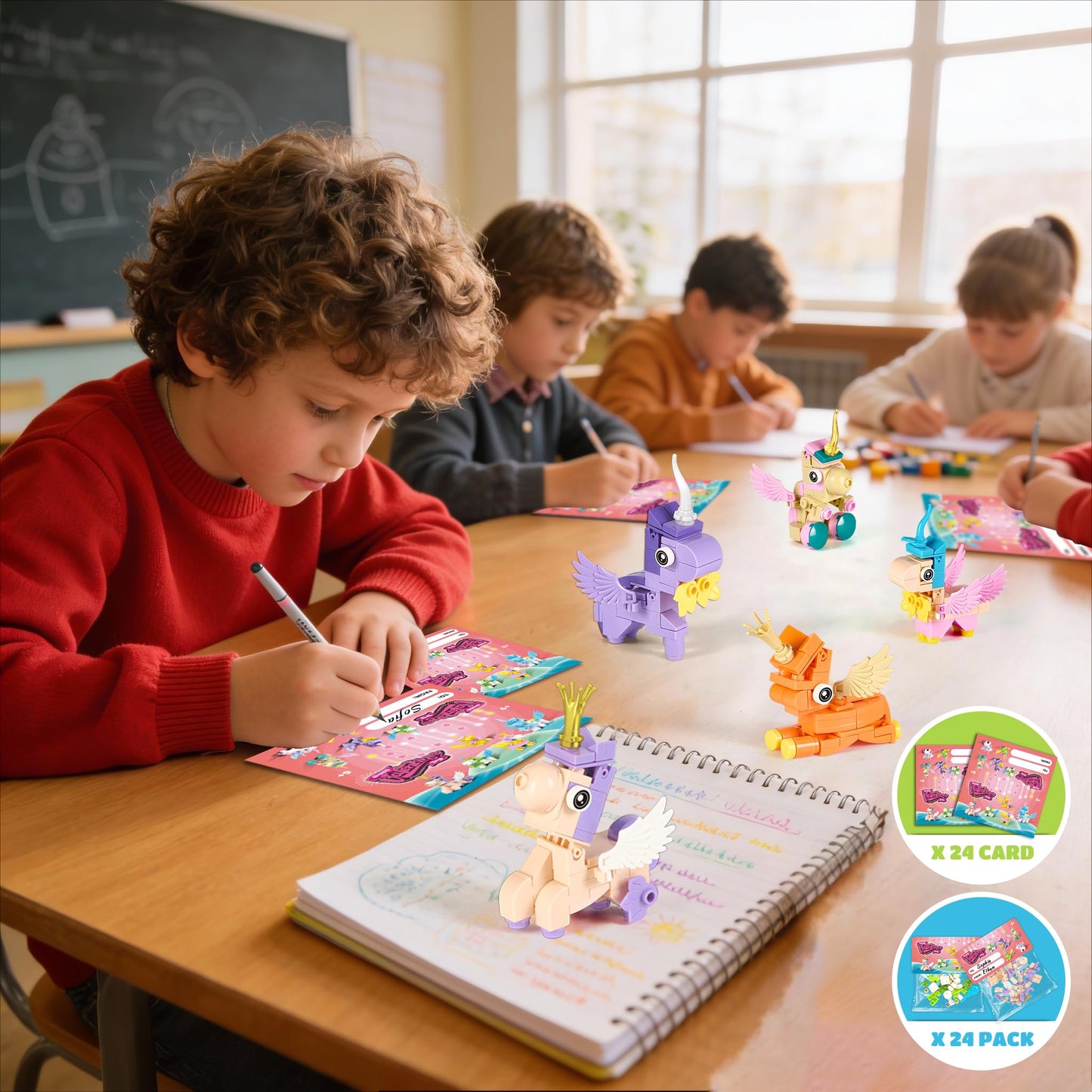 Wisdom Castle 24-Pack Unicorn Valentines Gifts for Kids – Cards & Building Set