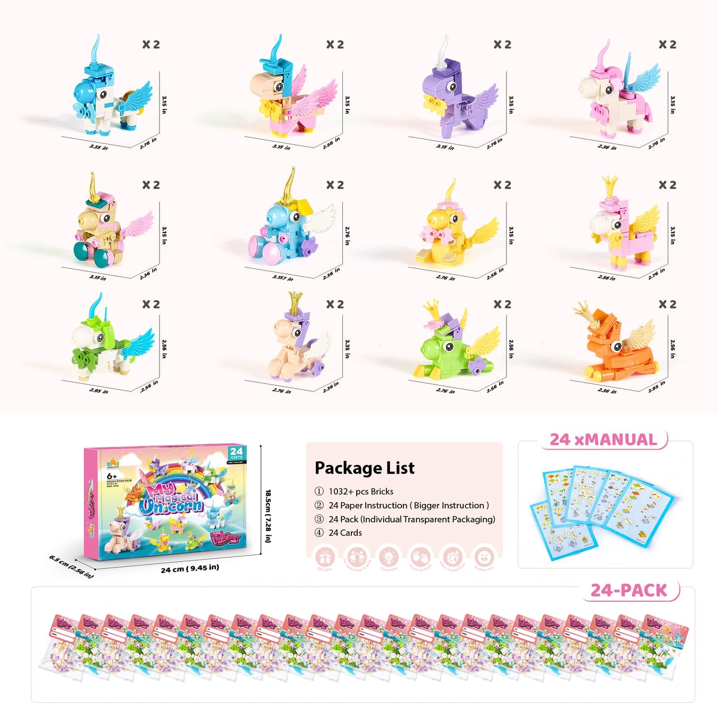 Wisdom Castle 24-Pack Unicorn Valentines Gifts for Kids – Cards & Building Set