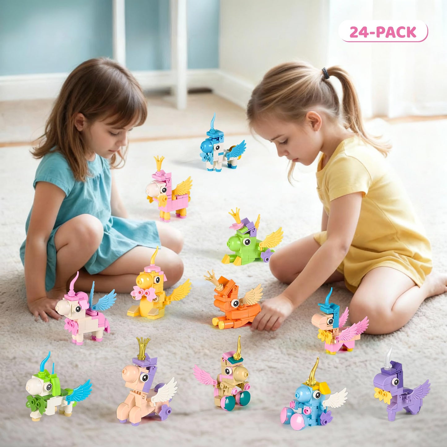 Wisdom Castle 24-Pack Unicorn Valentines Gifts for Kids – Cards & Building Set