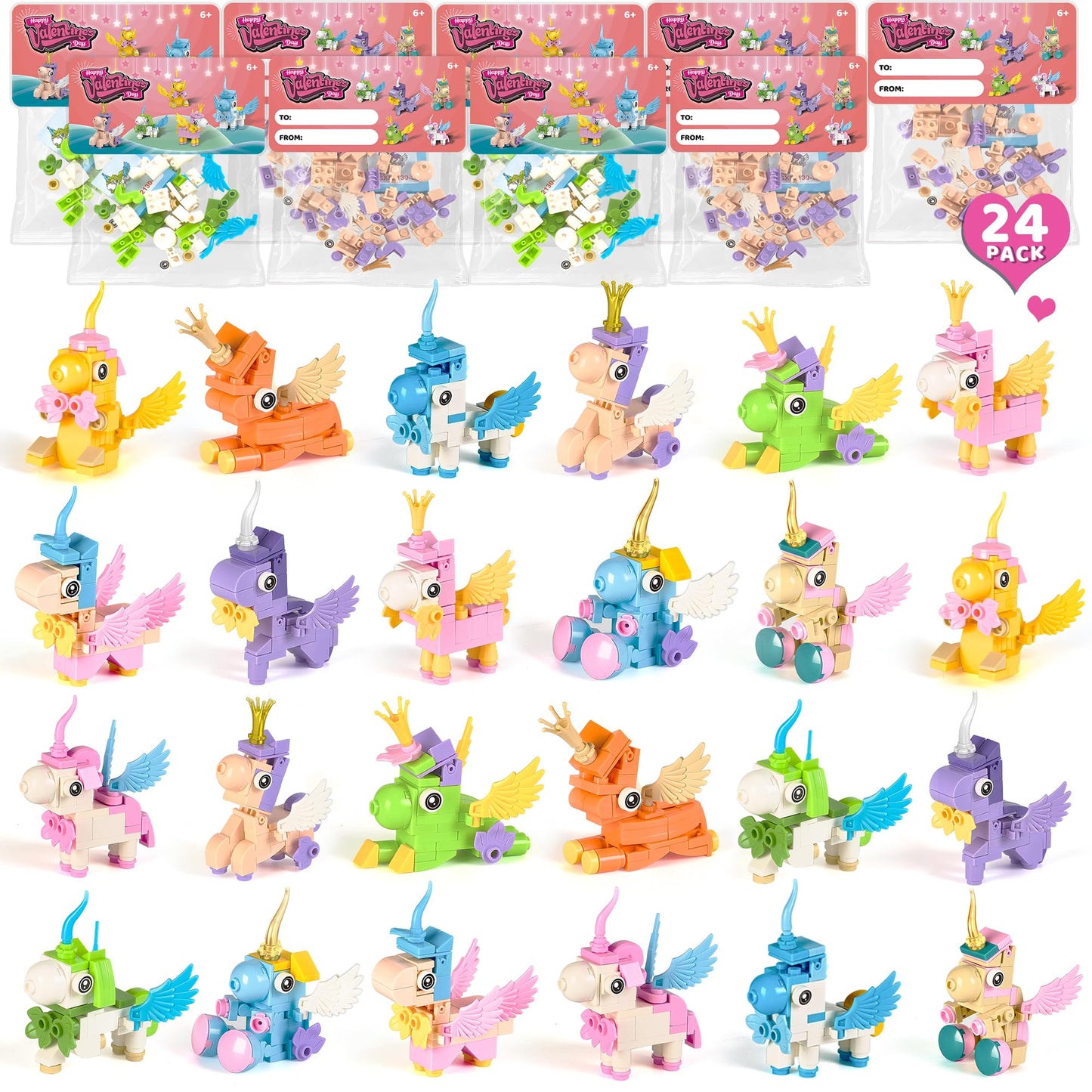 Wisdom Castle 24-Pack Unicorn Valentines Gifts for Kids – Cards & Building Set