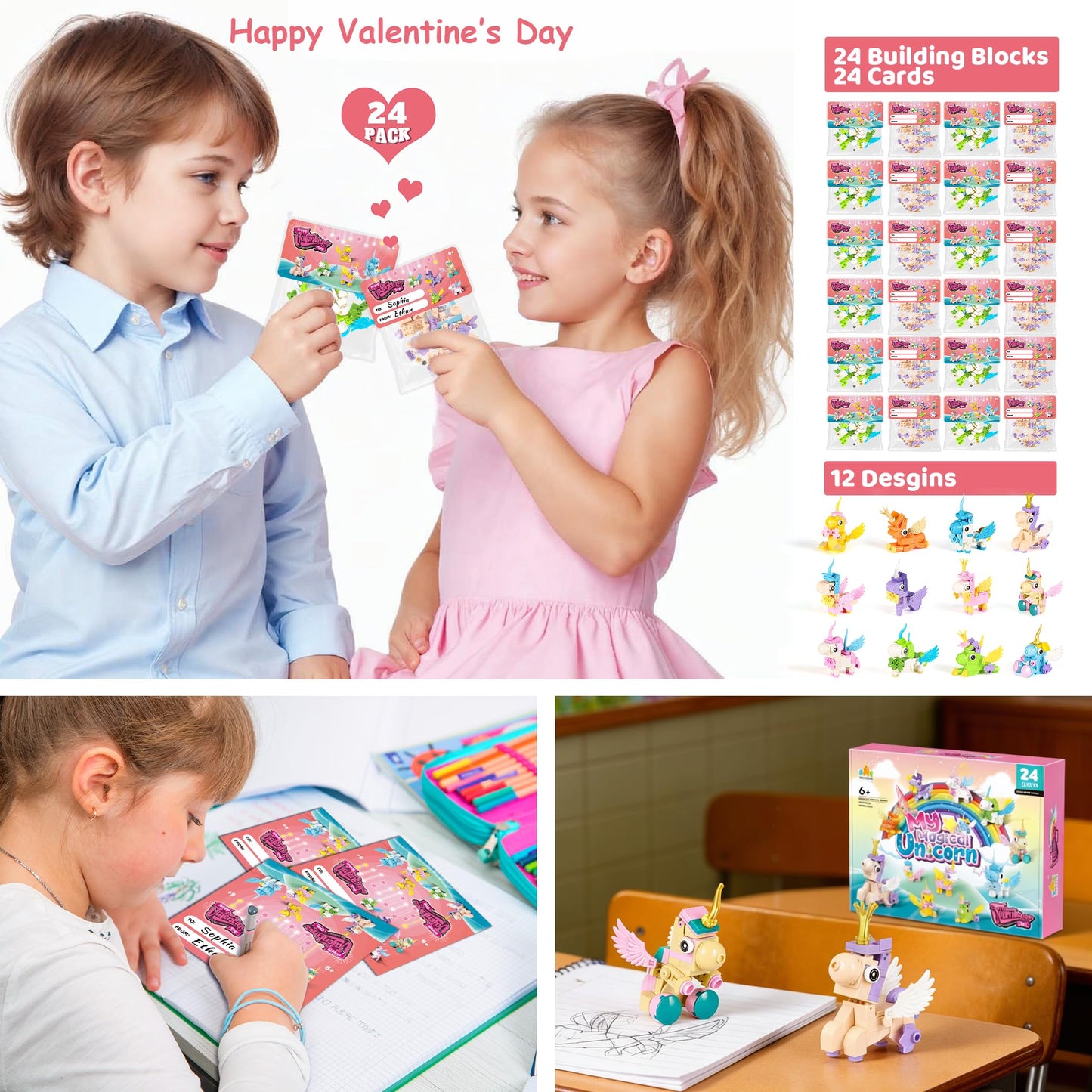 Wisdom Castle 24-Pack Unicorn Valentines Gifts for Kids – Cards & Building Set
