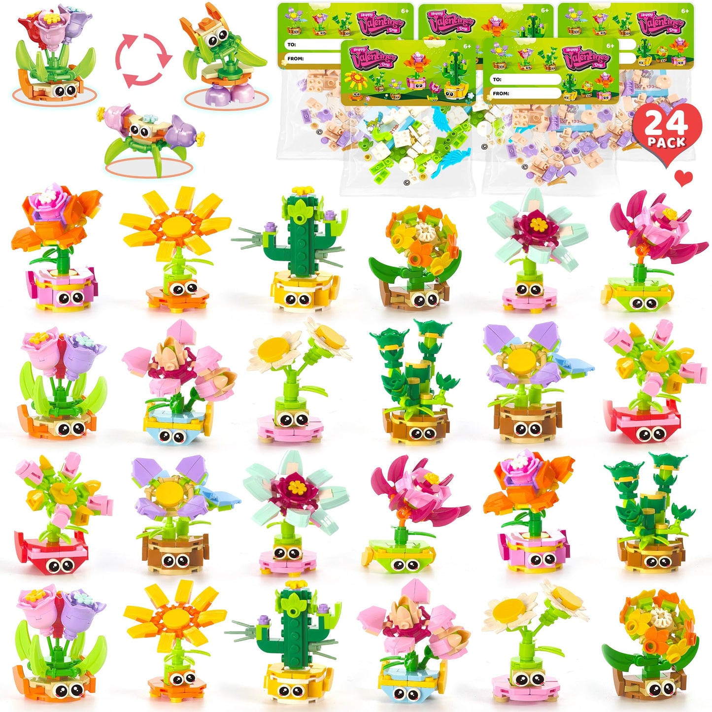 Wisdom Castle 24-Pack Valentine Gifts for Kids — 3-in-1 STEM Flower & Plant Building Sets