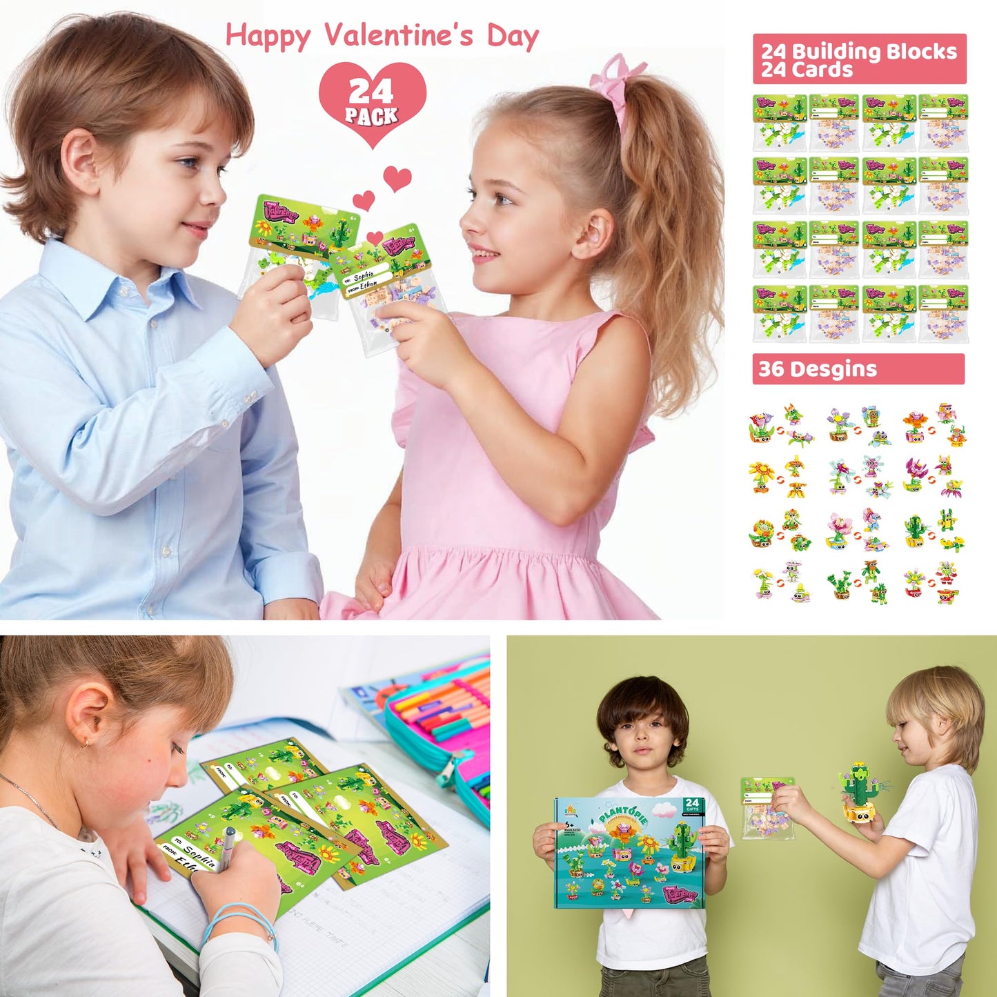 Wisdom Castle 24-Pack Valentine Gifts for Kids — 3-in-1 STEM Flower & Plant Building Sets