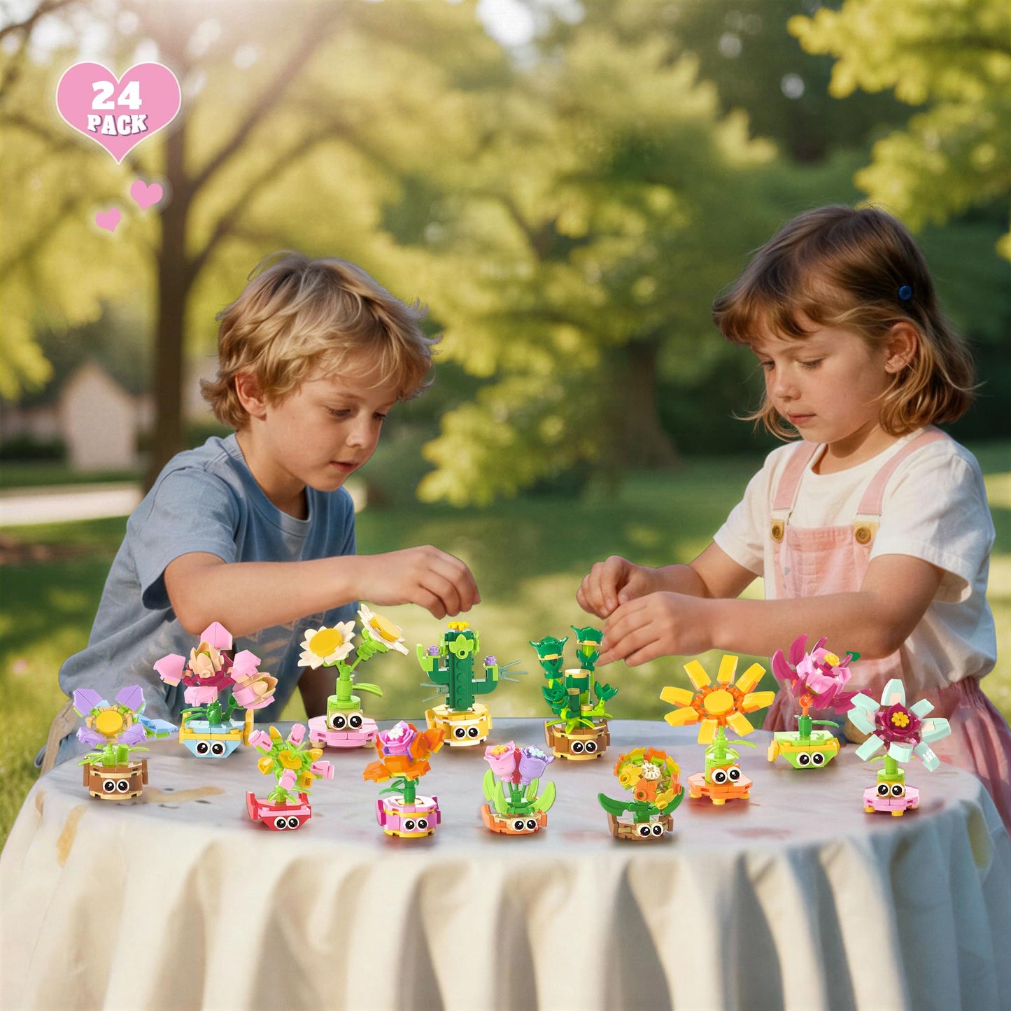Wisdom Castle 24-Pack Valentine Gifts for Kids — 3-in-1 STEM Flower & Plant Building Sets