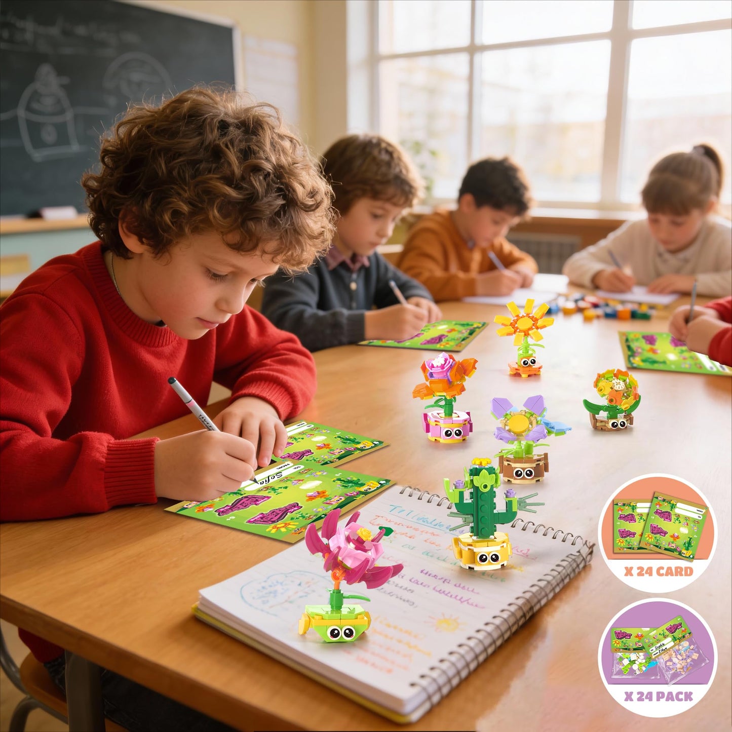 Wisdom Castle 24-Pack Valentine Gifts for Kids — 3-in-1 STEM Flower & Plant Building Sets