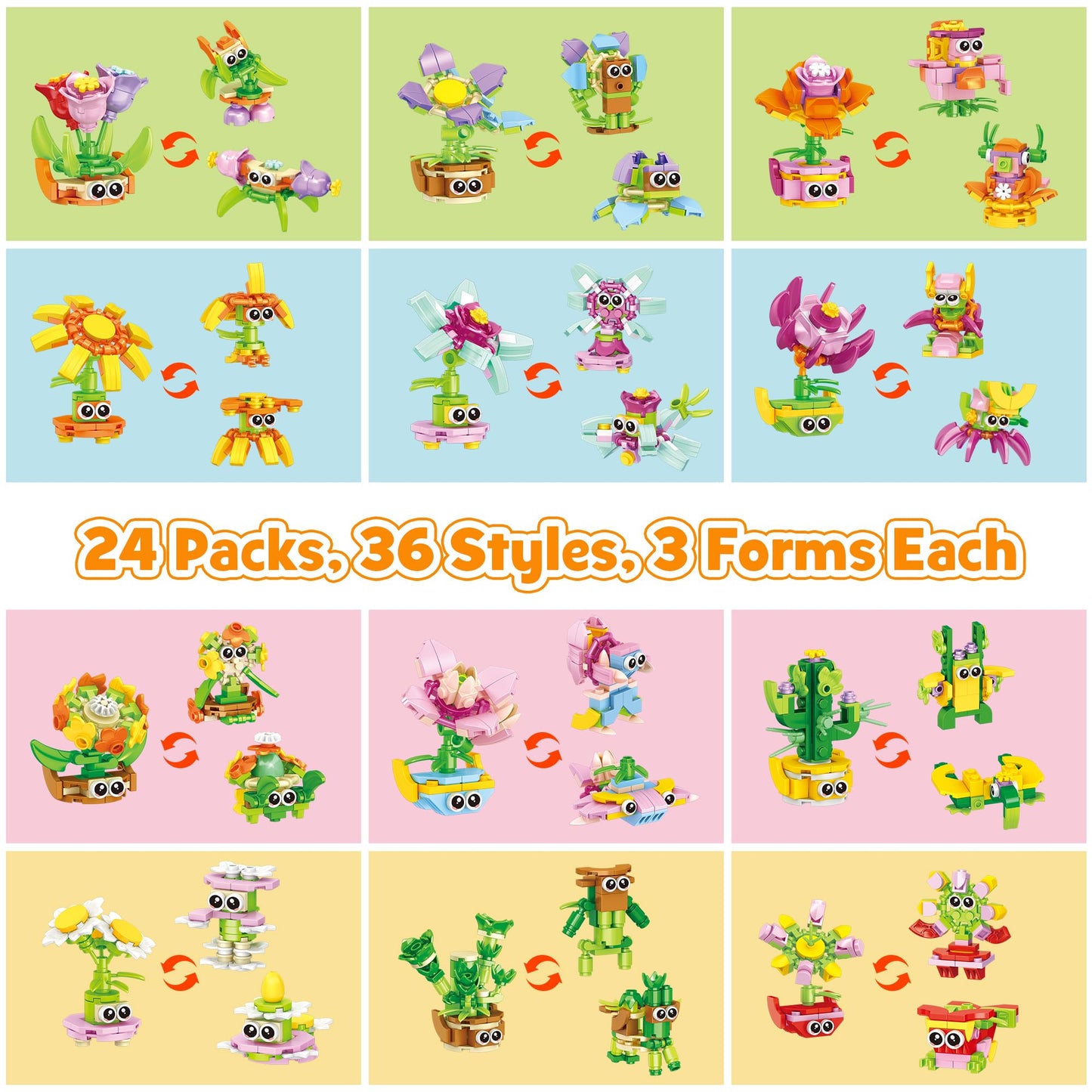 Wisdom Castle 24-Pack Valentine Gifts for Kids — 3-in-1 STEM Flower & Plant Building Sets