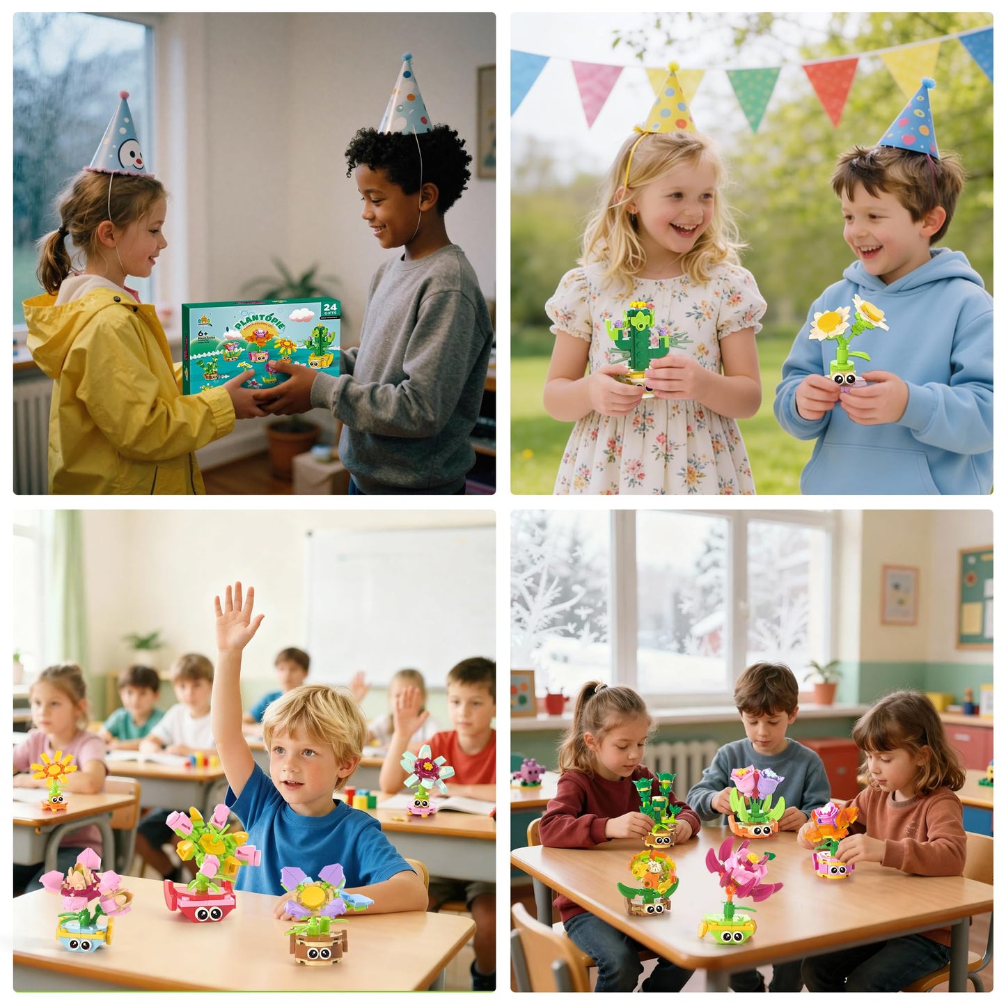 Wisdom Castle 24-Pack Valentine Gifts for Kids — 3-in-1 STEM Flower & Plant Building Sets