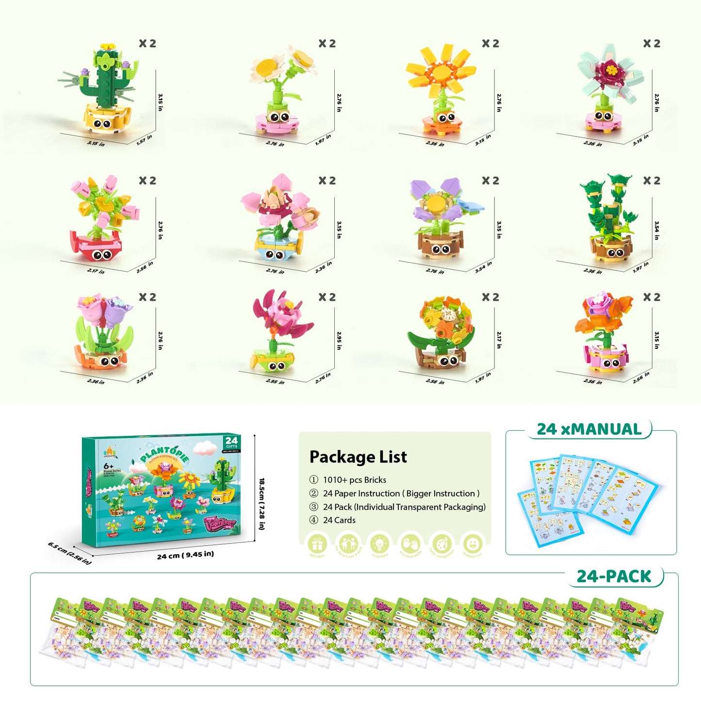 Wisdom Castle 24-Pack Valentine Gifts for Kids — 3-in-1 STEM Flower & Plant Building Sets