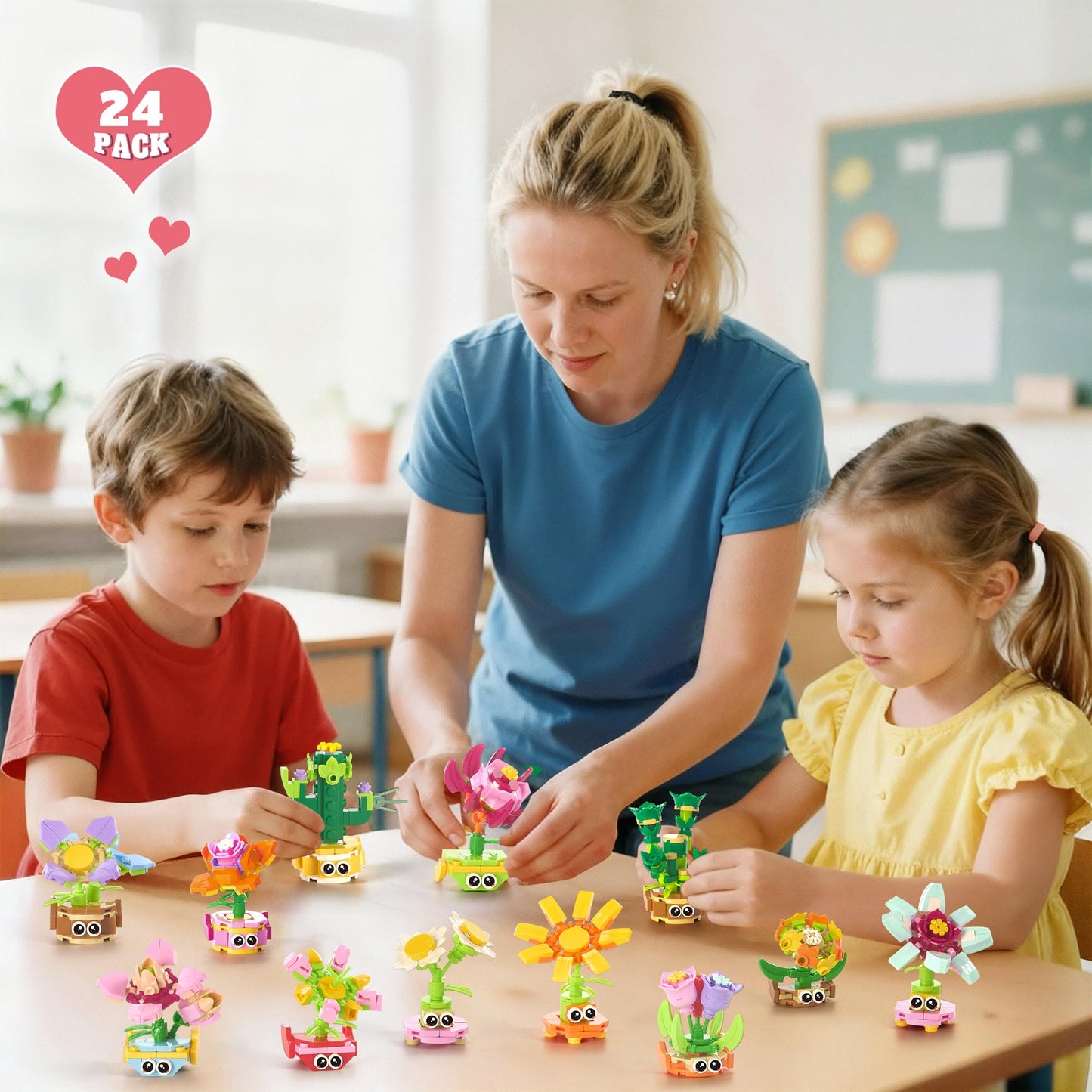 Wisdom Castle 24-Pack Valentine Gifts for Kids — 3-in-1 STEM Flower & Plant Building Sets