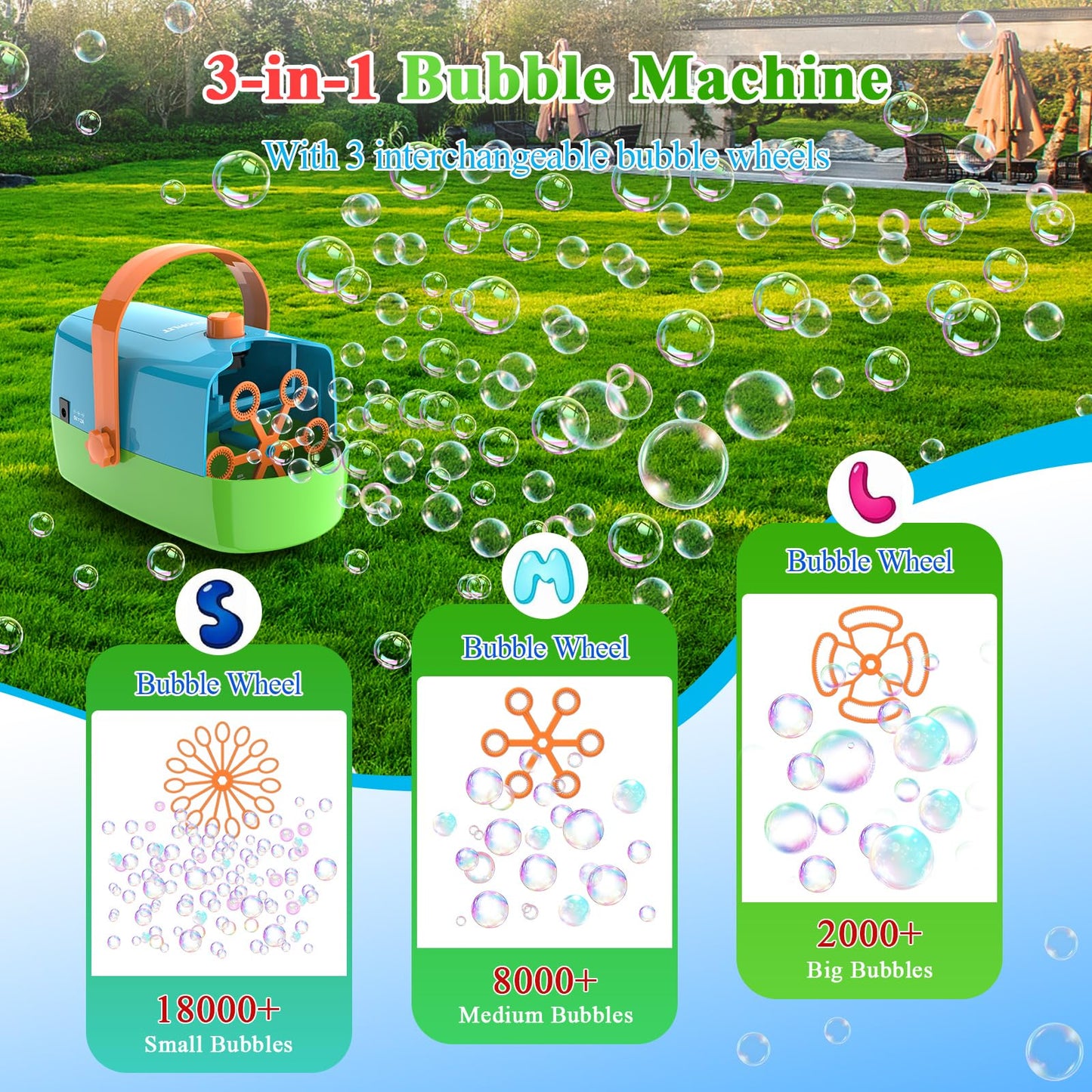 Wisdomlit Bubble Machine 3-in-1 | 3 Wheels, 2 Speeds, Indoor/Outdoor Bubble Maker