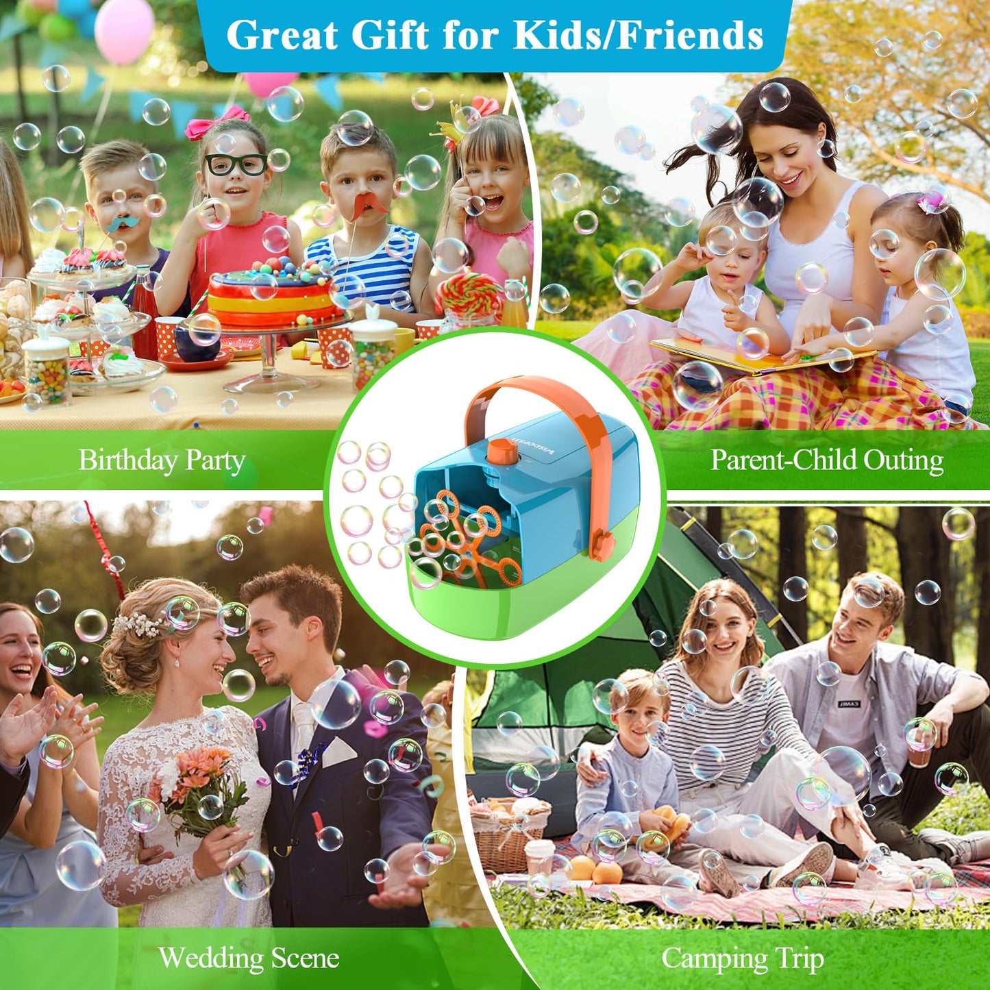 Wisdomlit Bubble Machine 3-in-1 | 3 Wheels, 2 Speeds, Indoor/Outdoor Bubble Maker