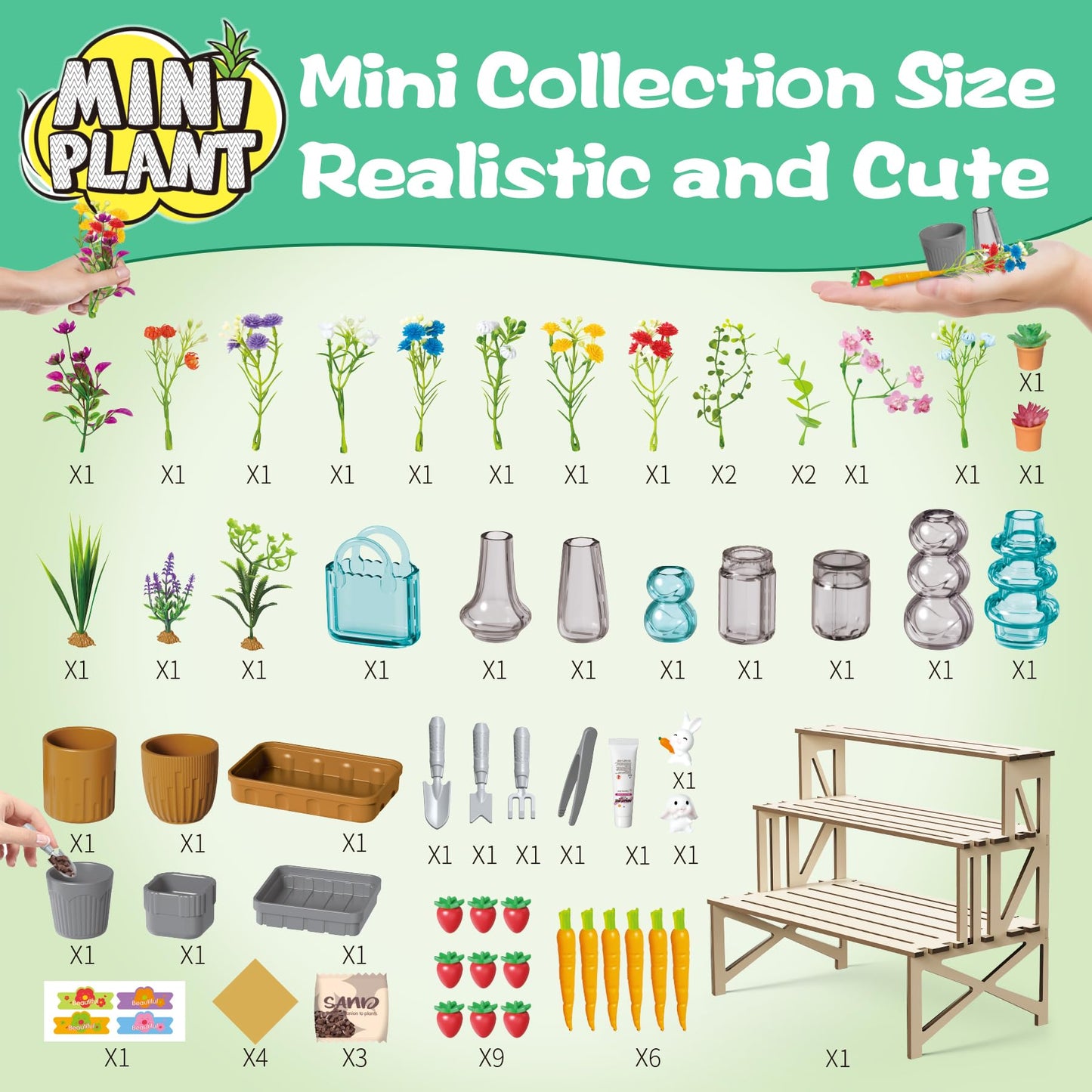 WishaLife 70‑Piece Make It Miniature Garden Set | Mini Plants, Bouquets & Wood Display Stand