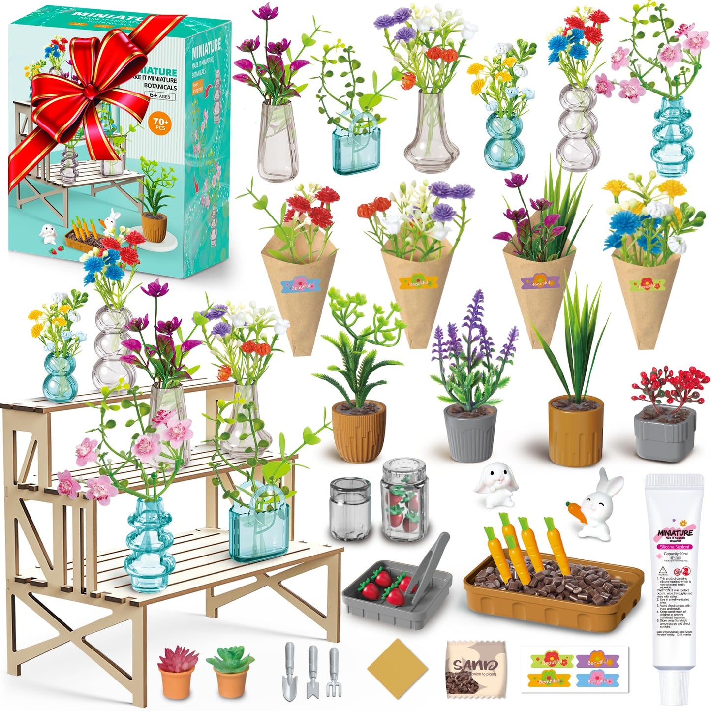 WishaLife 70‑Piece Make It Miniature Garden Set | Mini Plants, Bouquets & Wood Display Stand