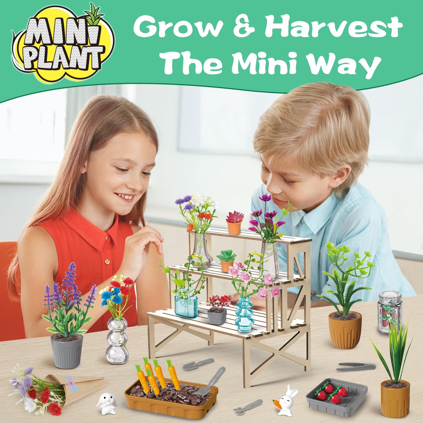 WishaLife 70‑Piece Make It Miniature Garden Set | Mini Plants, Bouquets & Wood Display Stand