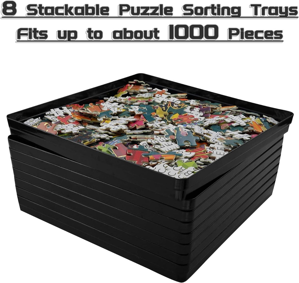 Wishdiam 8 Sorting Trays for Jigsaw Puzzles — Fits Up to 2000 Pieces, 8x8, Black