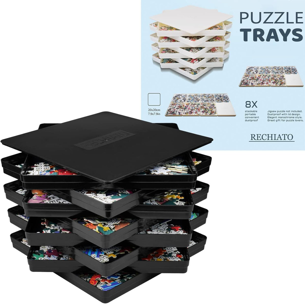 Wishdiam 8 Sorting Trays for Jigsaw Puzzles — Fits Up to 2000 Pieces, 8x8, Black