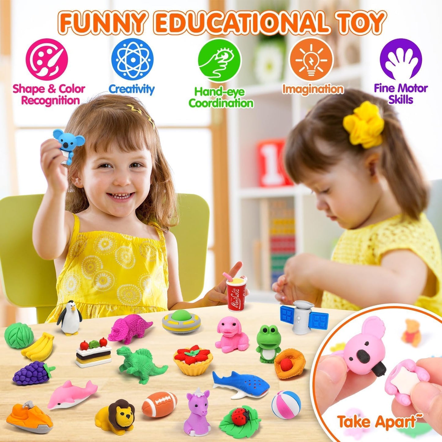 WITALENT 140-Pack Animal Erasers for Kids – 3D Puzzle Pencil Erasers Bulk
