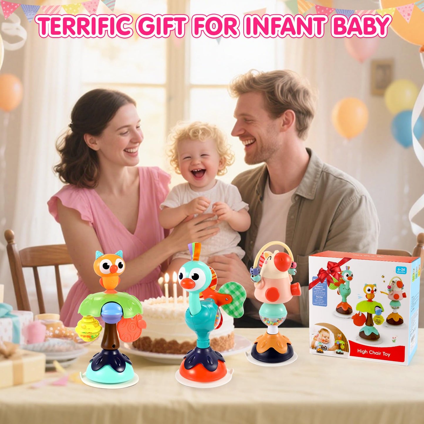 WITALENT Baby Toys 3-Pack: High Chair Suction Rattle Set for 6–18 Months (Horse, Owl, Peacock)