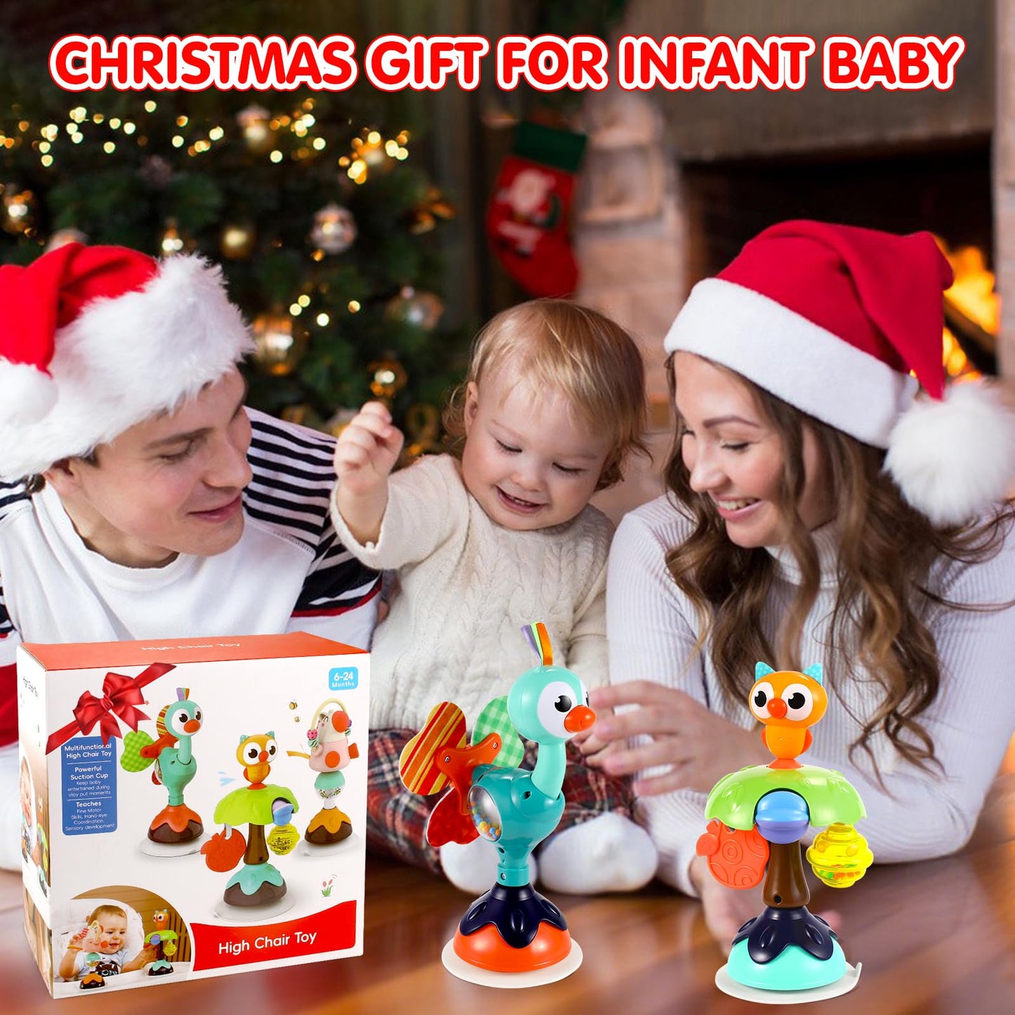 WITALENT Baby Toys 3-Pack: High Chair Suction Rattle Set for 6–18 Months (Horse, Owl, Peacock)