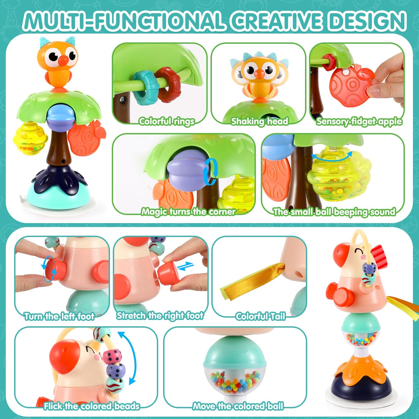WITALENT Baby Toys 3-Pack: High Chair Suction Rattle Set for 6–18 Months (Horse, Owl, Peacock)