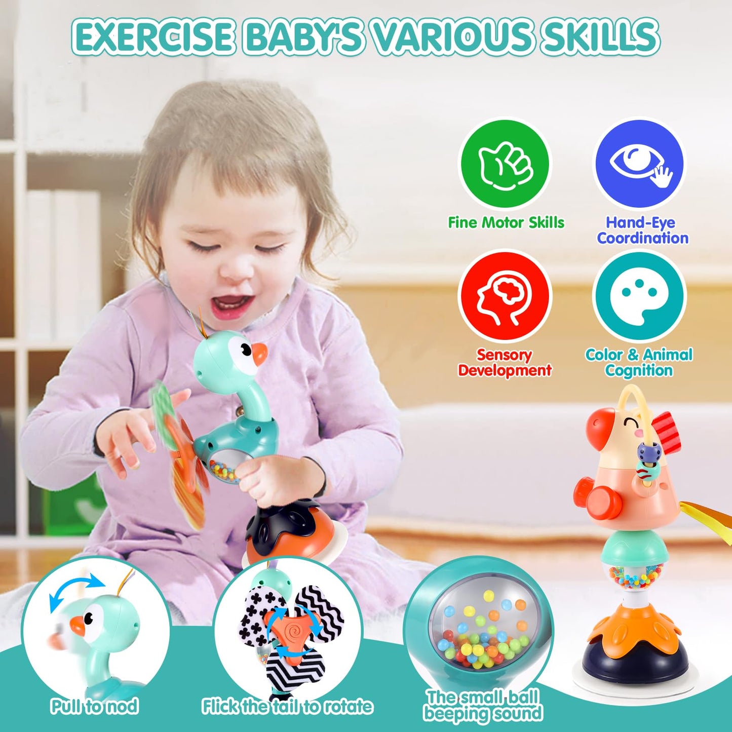WITALENT Baby Toys 3-Pack: High Chair Suction Rattle Set for 6–18 Months (Horse, Owl, Peacock)