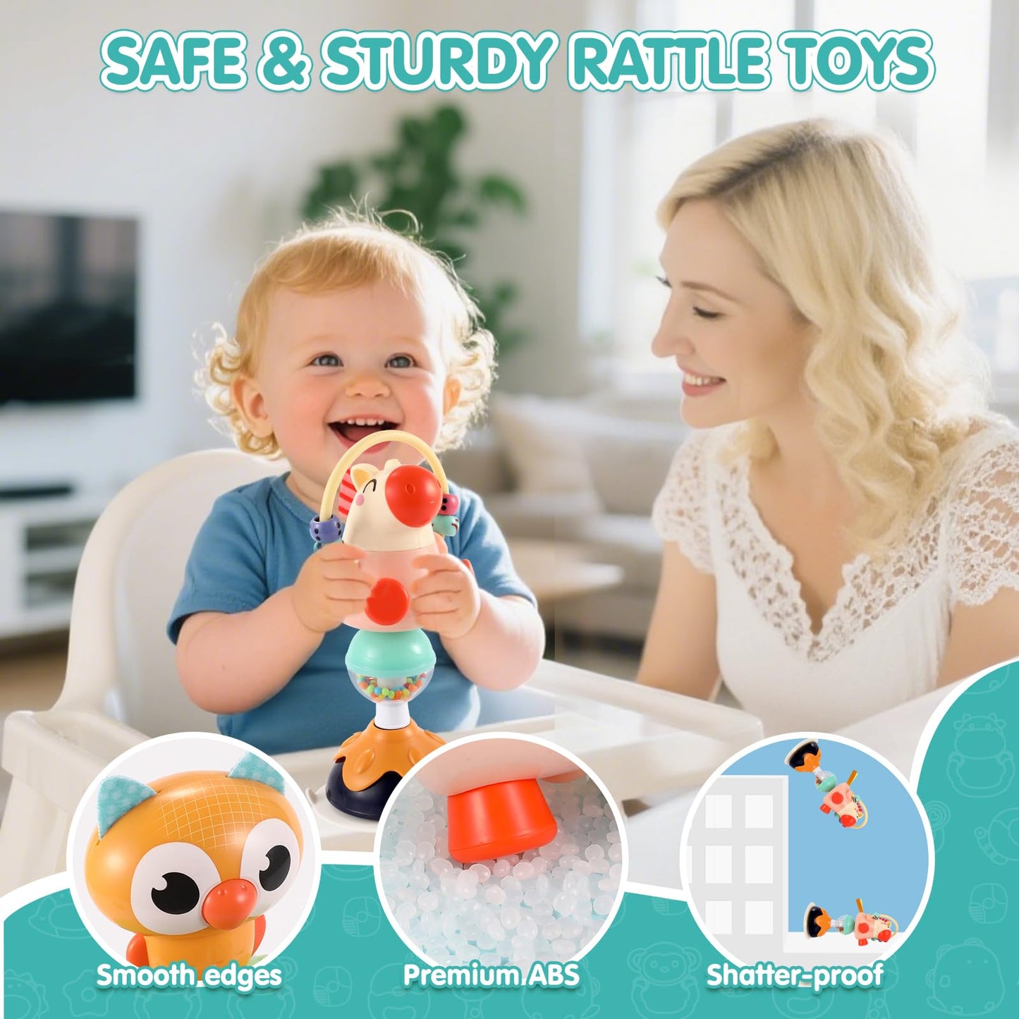 WITALENT Baby Toys 3-Pack: High Chair Suction Rattle Set for 6–18 Months (Horse, Owl, Peacock)