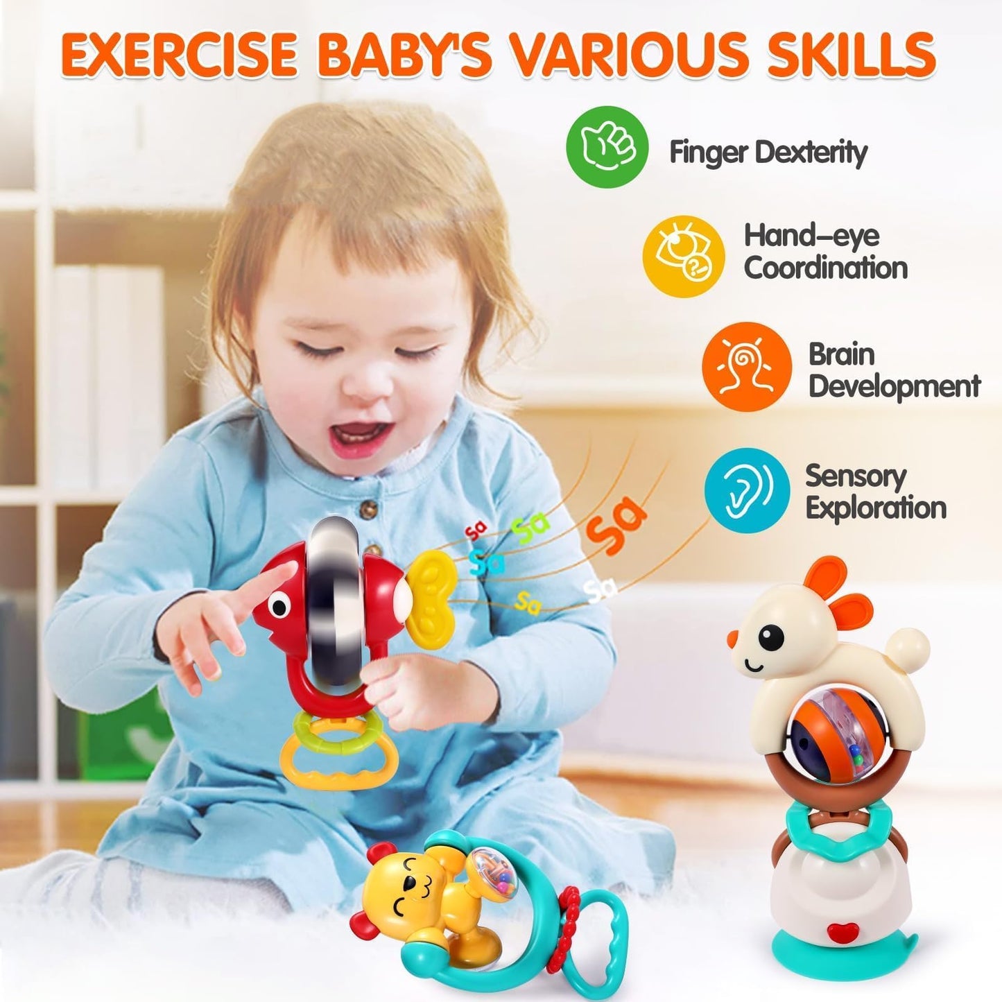 WITALENT Baby Toys 3-Pack | High Chair Suction Rattle & Teether Set for 6-12 Months