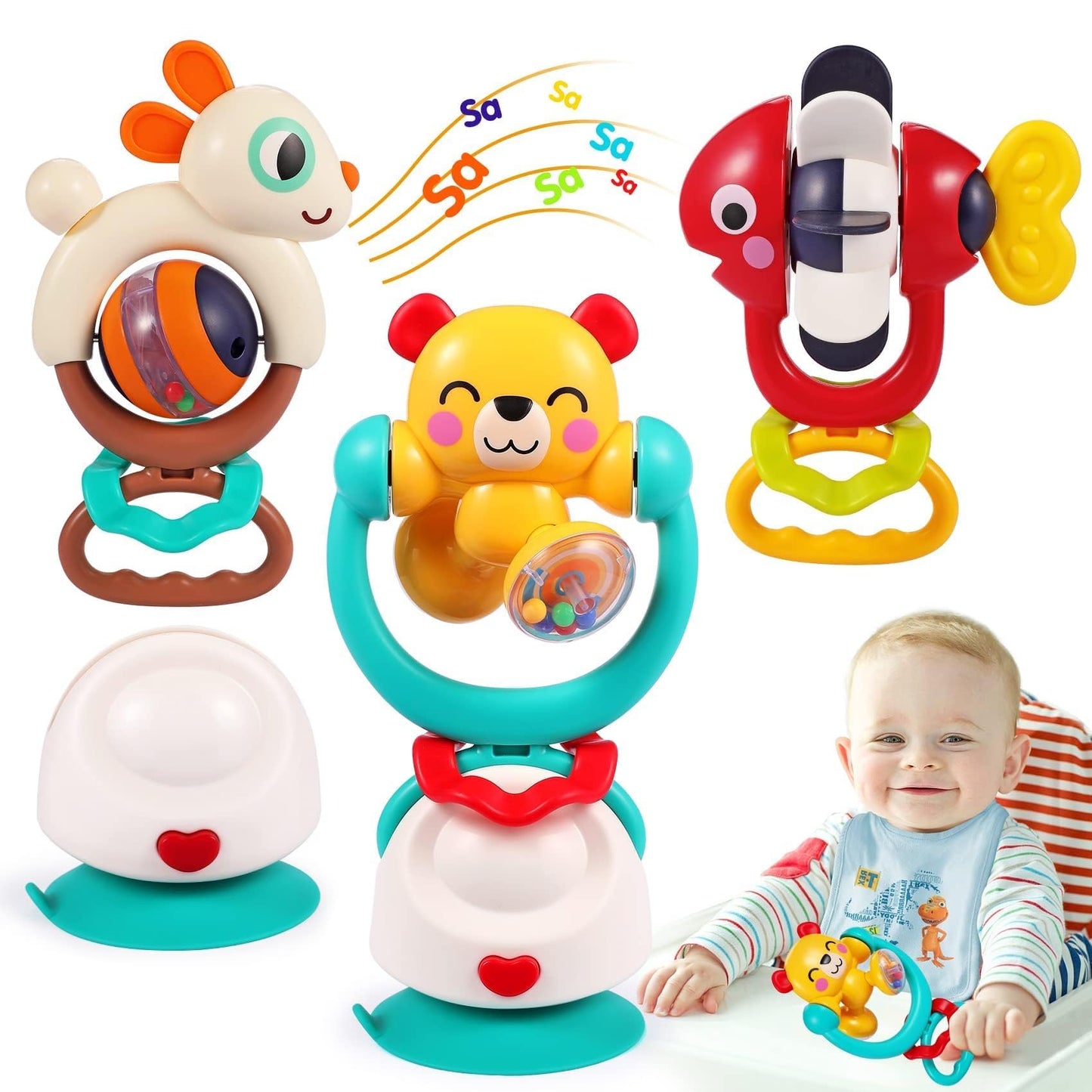 WITALENT Baby Toys 3-Pack | High Chair Suction Rattle & Teether Set for 6-12 Months