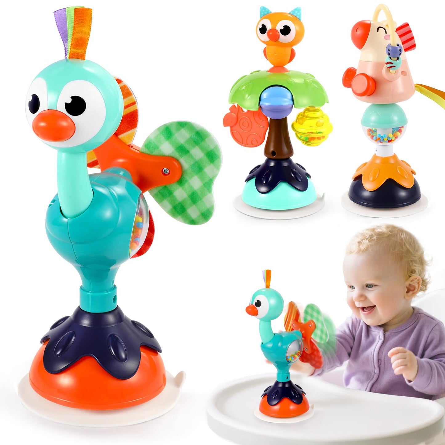 WITALENT Baby Toys 3-Pack: High Chair Suction Rattle Set for 6–18 Months (Horse, Owl, Peacock)