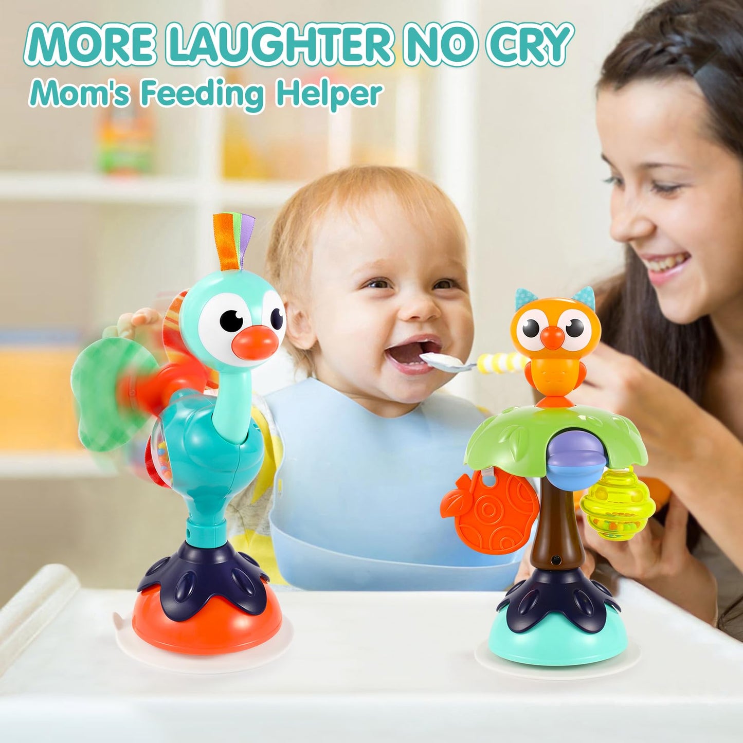 WITALENT Baby Toys 3-Pack: High Chair Suction Rattle Set for 6–18 Months (Horse, Owl, Peacock)
