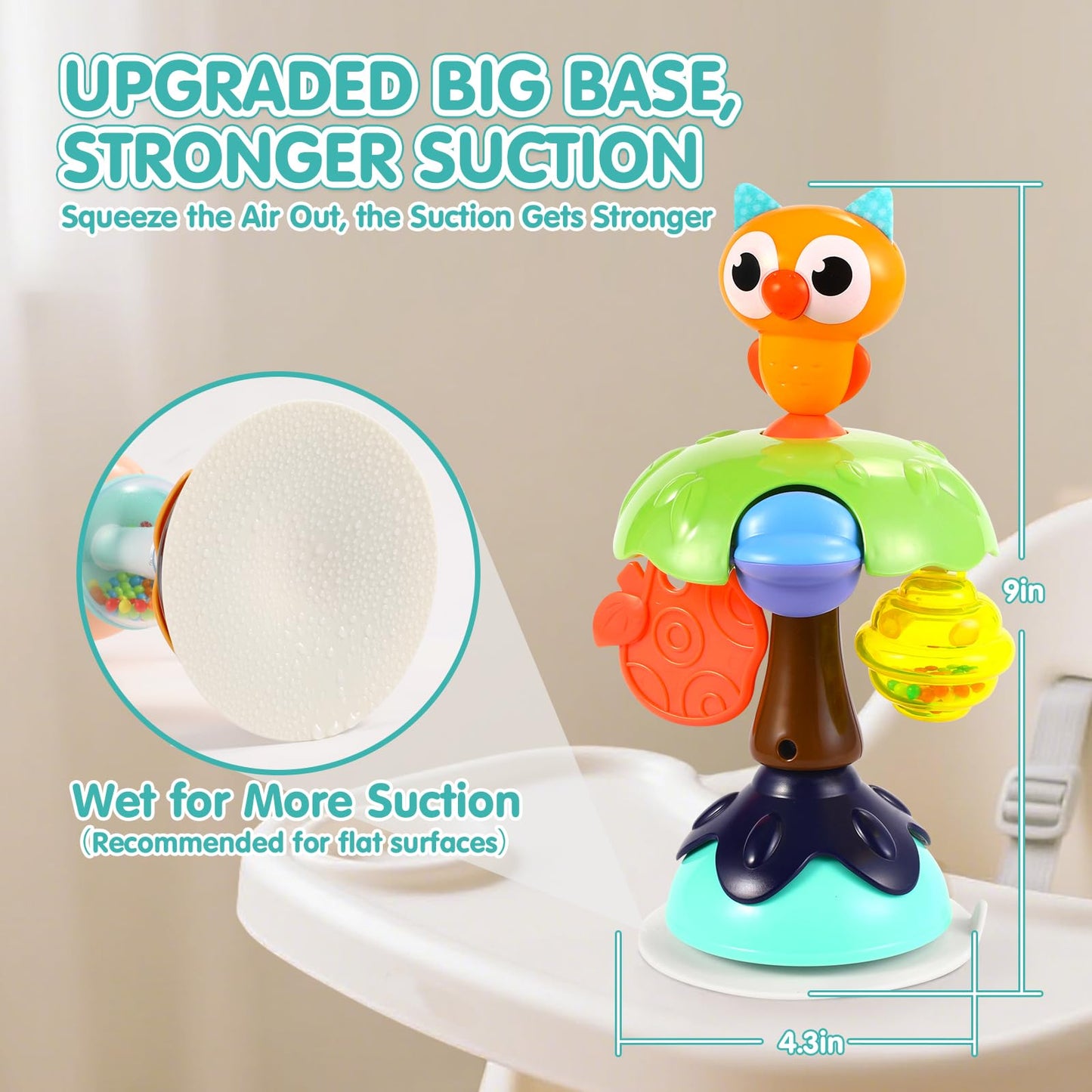 WITALENT Baby Toys 3-Pack: High Chair Suction Rattle Set for 6–18 Months (Horse, Owl, Peacock)