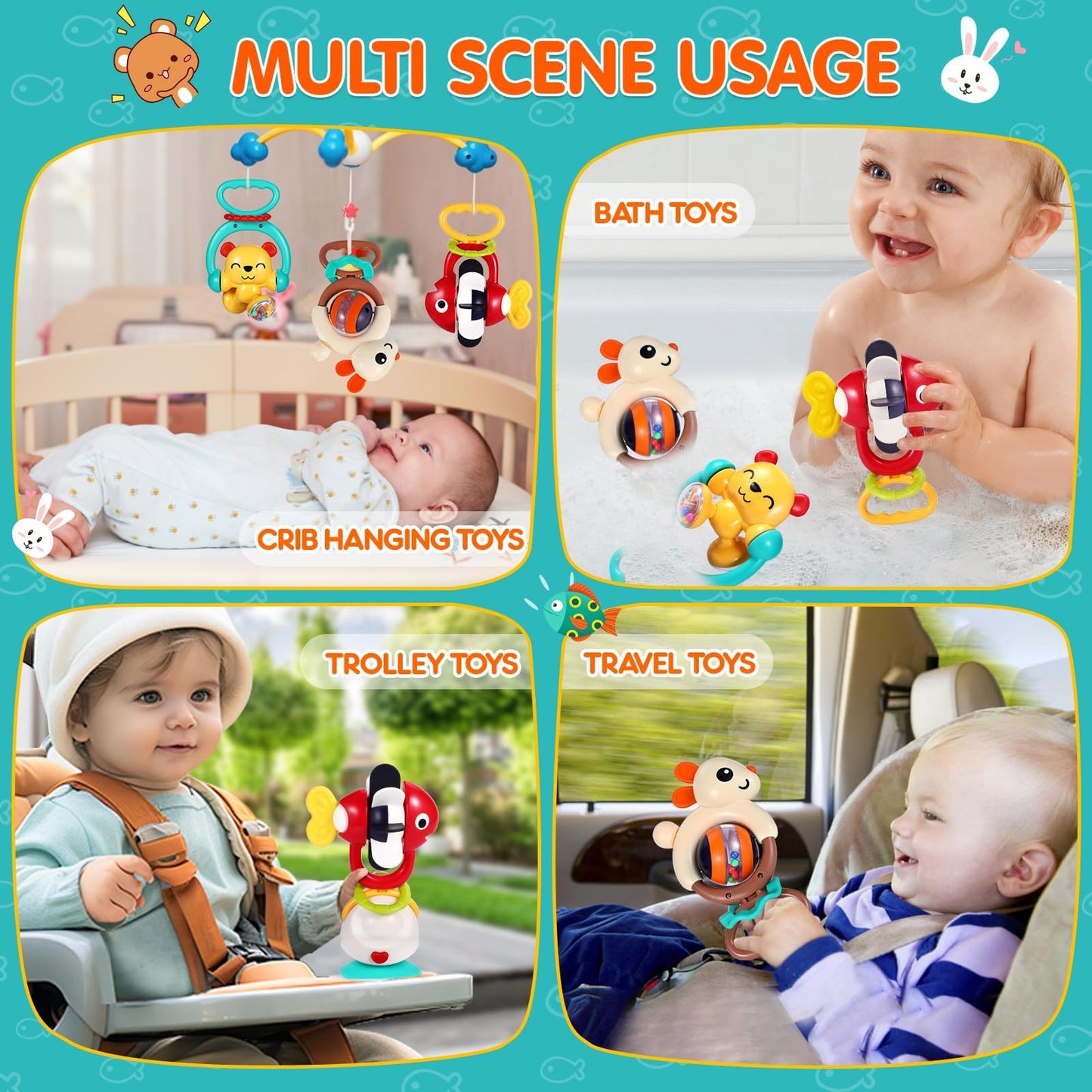 WITALENT Baby Toys 3-Pack | High Chair Suction Rattle & Teether Set for 6-12 Months