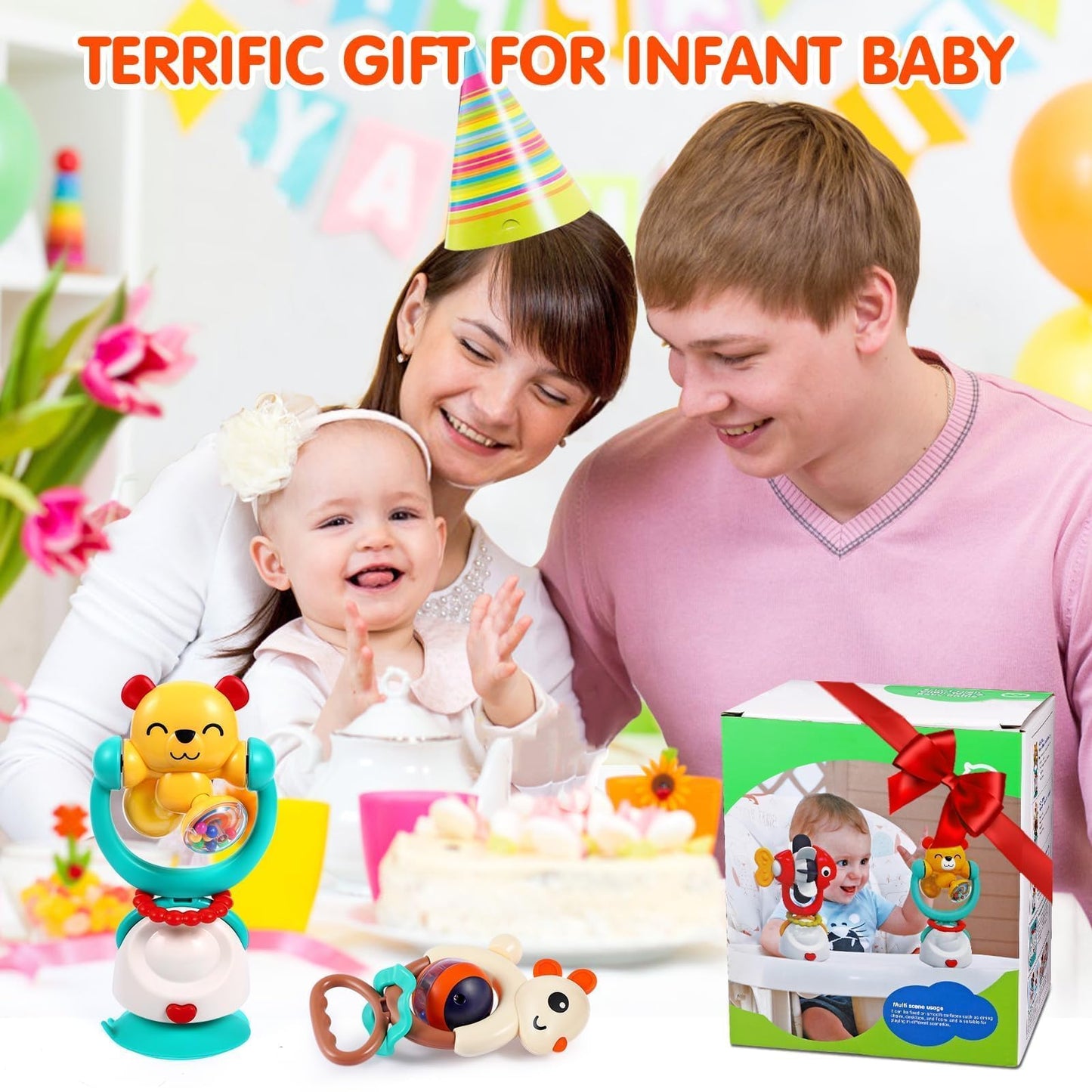 WITALENT Baby Toys 3-Pack | High Chair Suction Rattle & Teether Set for 6-12 Months