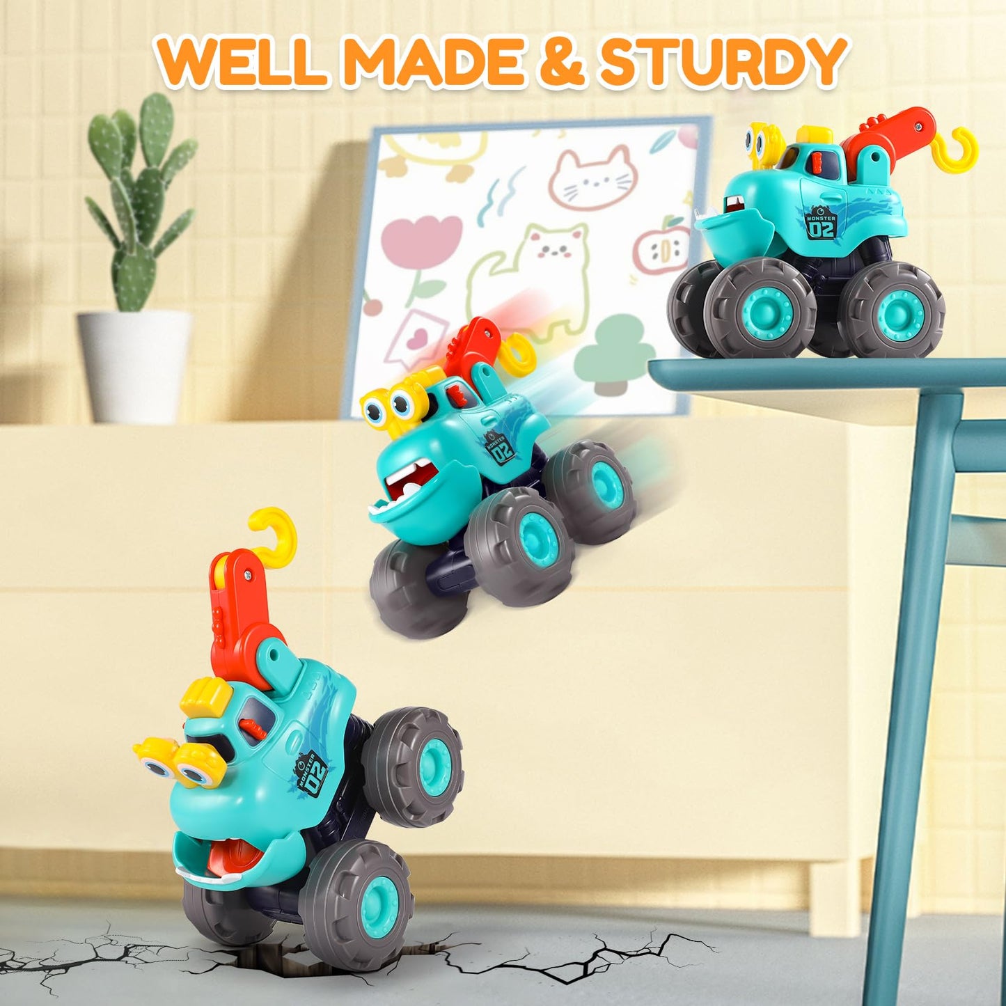 WITALENT Monster Truck Toys for 1 Year Old Boy – Dump, Crane & Excavator Set