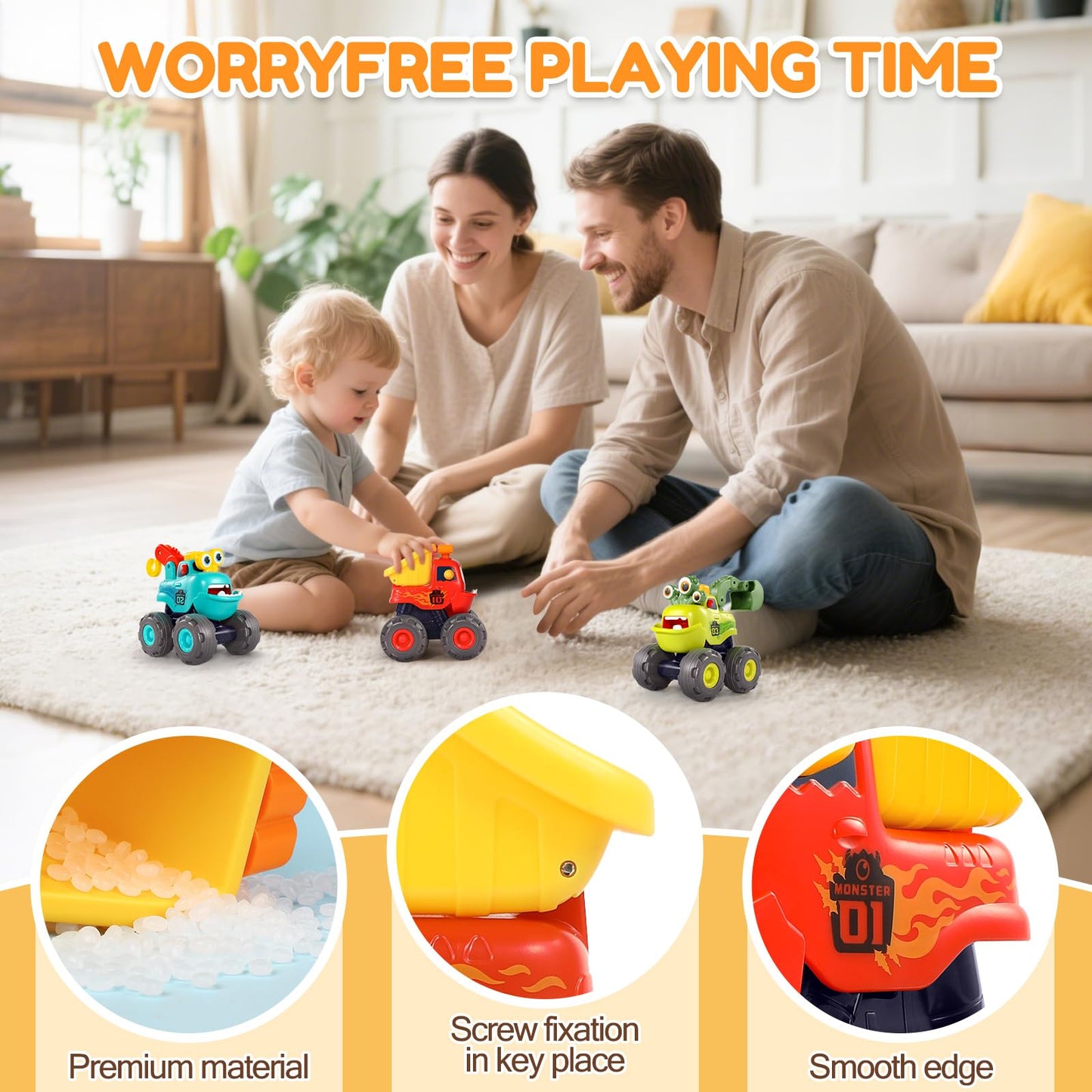 WITALENT Monster Truck Toys for 1 Year Old Boy – Dump, Crane & Excavator Set
