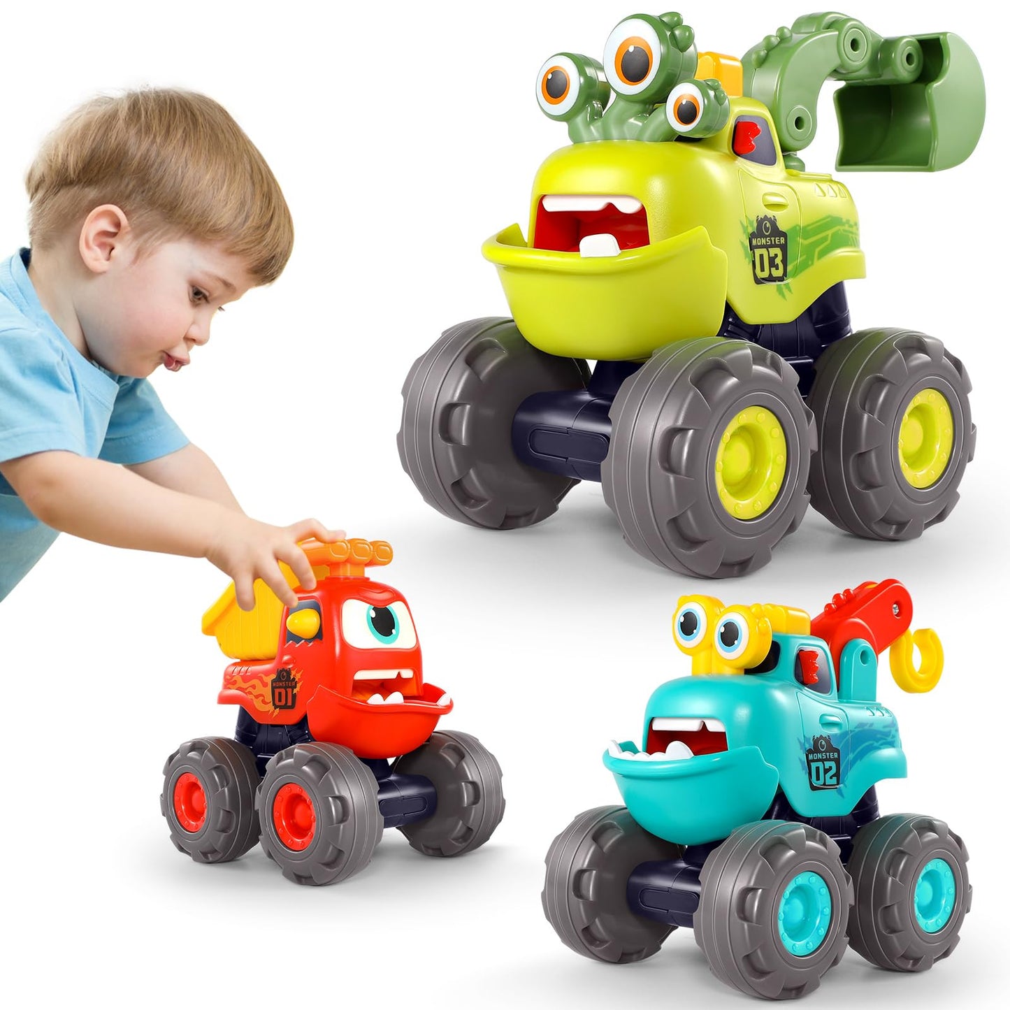 WITALENT Monster Truck Toys for 1 Year Old Boy – Dump, Crane & Excavator Set