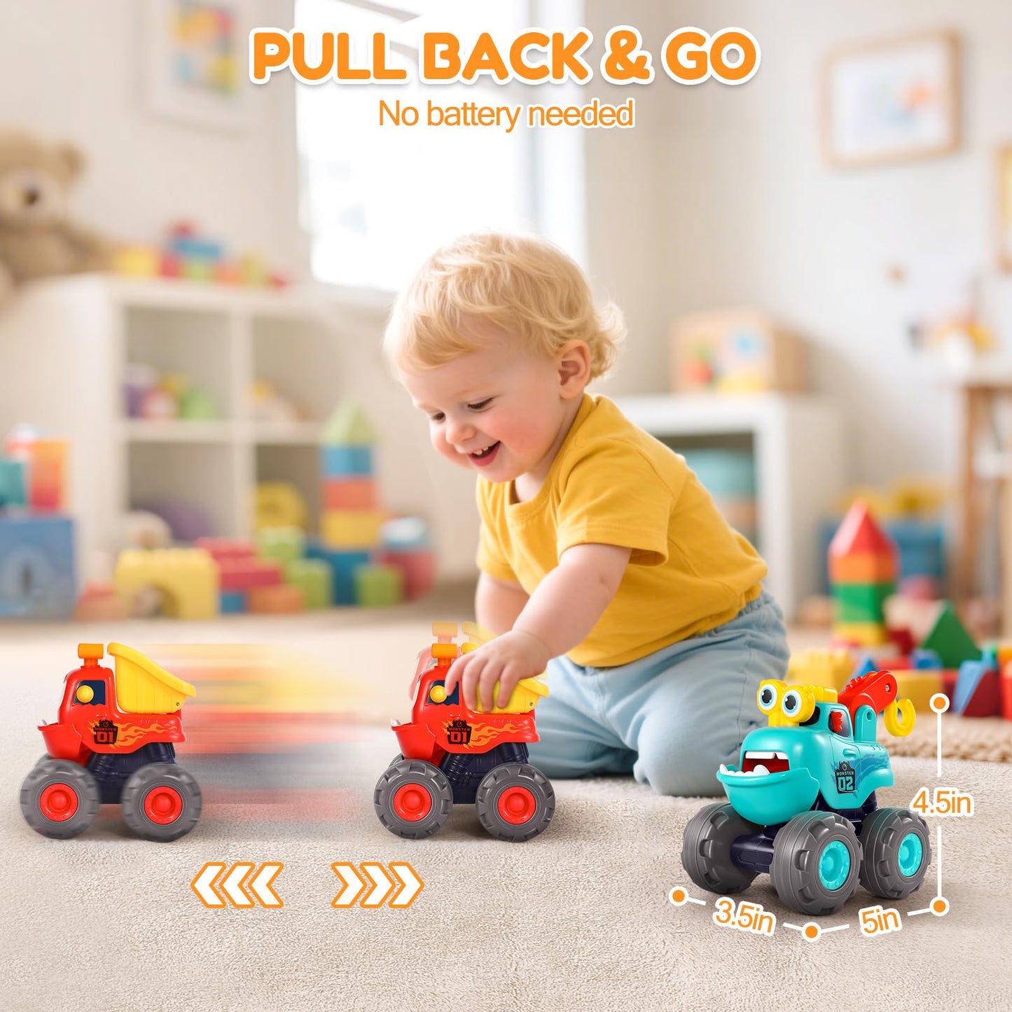 WITALENT Monster Truck Toys for 1 Year Old Boy – Dump, Crane & Excavator Set