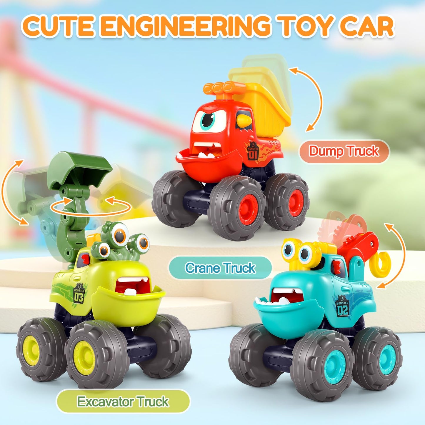 WITALENT Monster Truck Toys for 1 Year Old Boy – Dump, Crane & Excavator Set