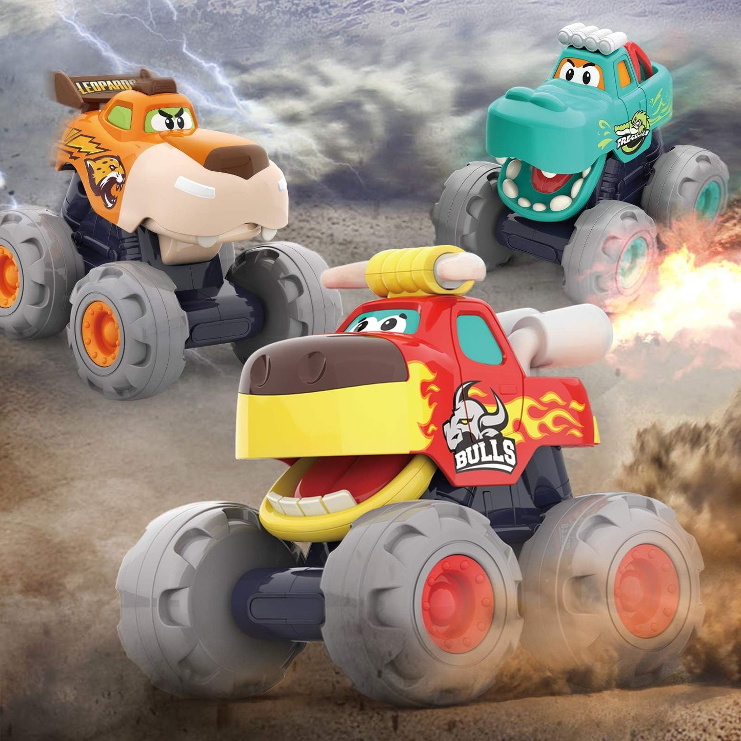 WITALENT Monster Truck Toys 3-Pack for Toddlers 1-3: Bull, Crocodile & Leopard