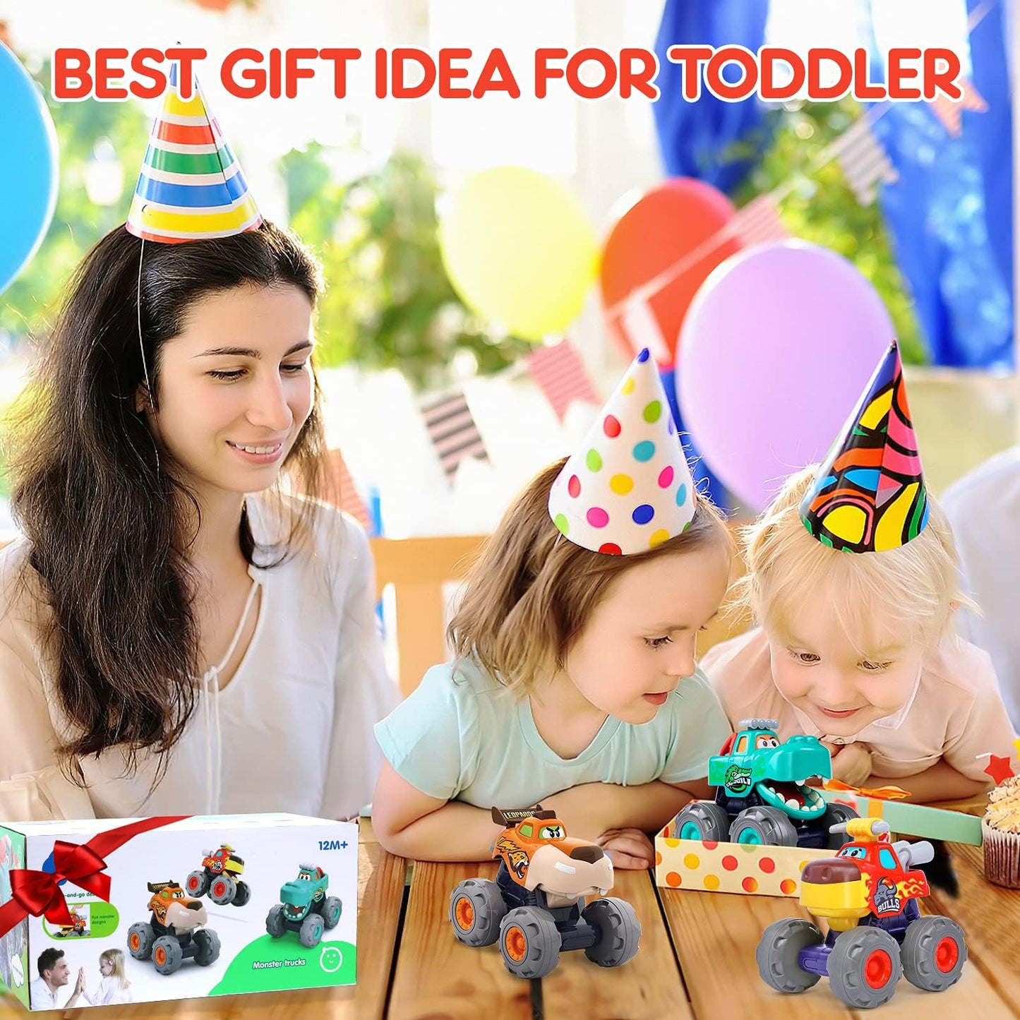 WITALENT Monster Truck Toys 3-Pack for Toddlers 1-3: Bull, Crocodile & Leopard